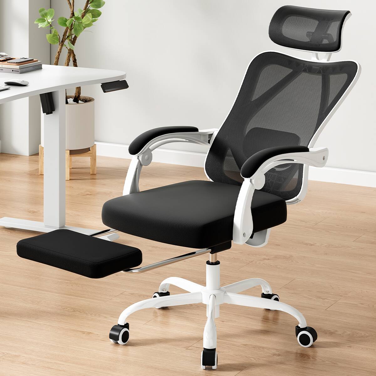 Back. Aukfa - Ergonomic Office Chair with Headrest & Footrest - Mesh High Back Desk Chair, Adjustable Lumbar Support for Home Office. - Black.