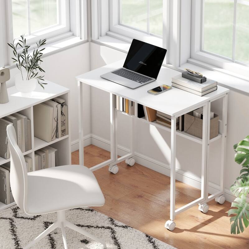 Anysun - 31.5" Folding Computer Desk with Storage Bag, Shelf & Wheels, Space-Saving Mobile Desk for Home Office or Small Spaces - White