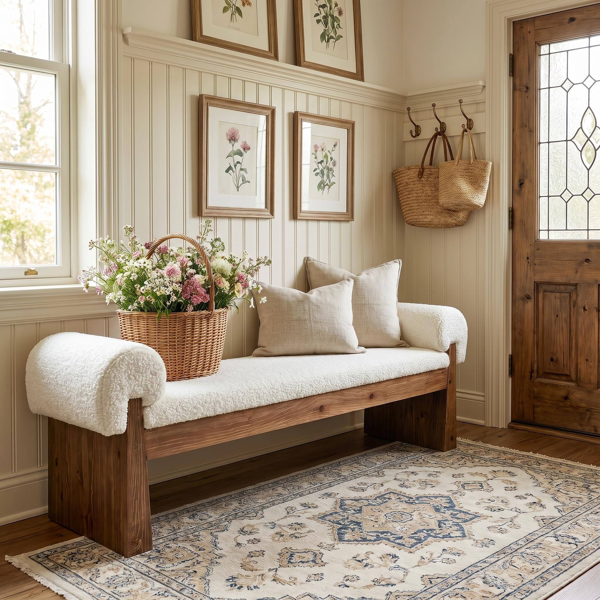 Left. Tribesigns - Solid Wood Upholstered Entryway Bench with Cushioned Seat - White + Walnut Brown.