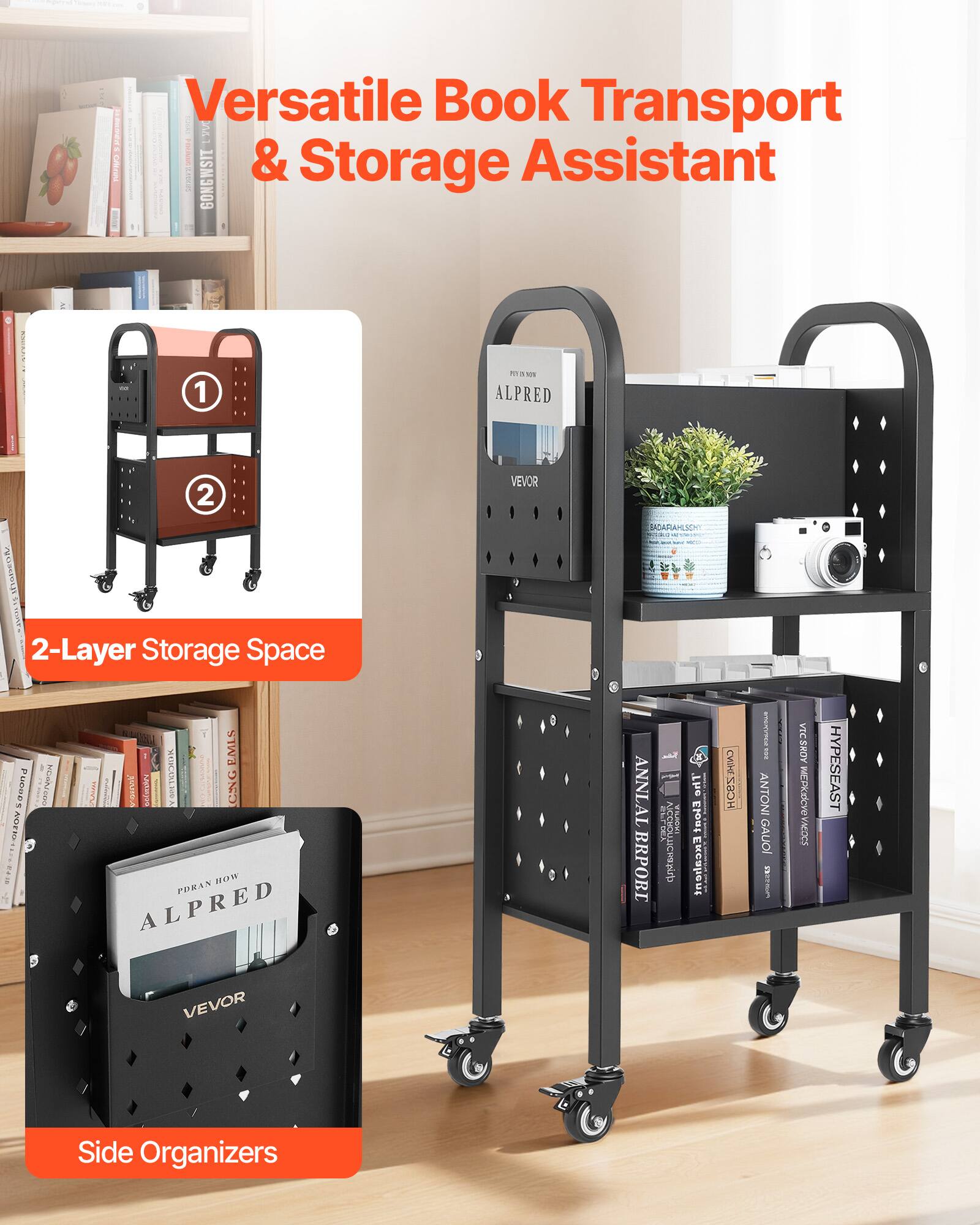Versatile Book Transport & Storage Assistant

2-Layer Storage Space

Side Organizers