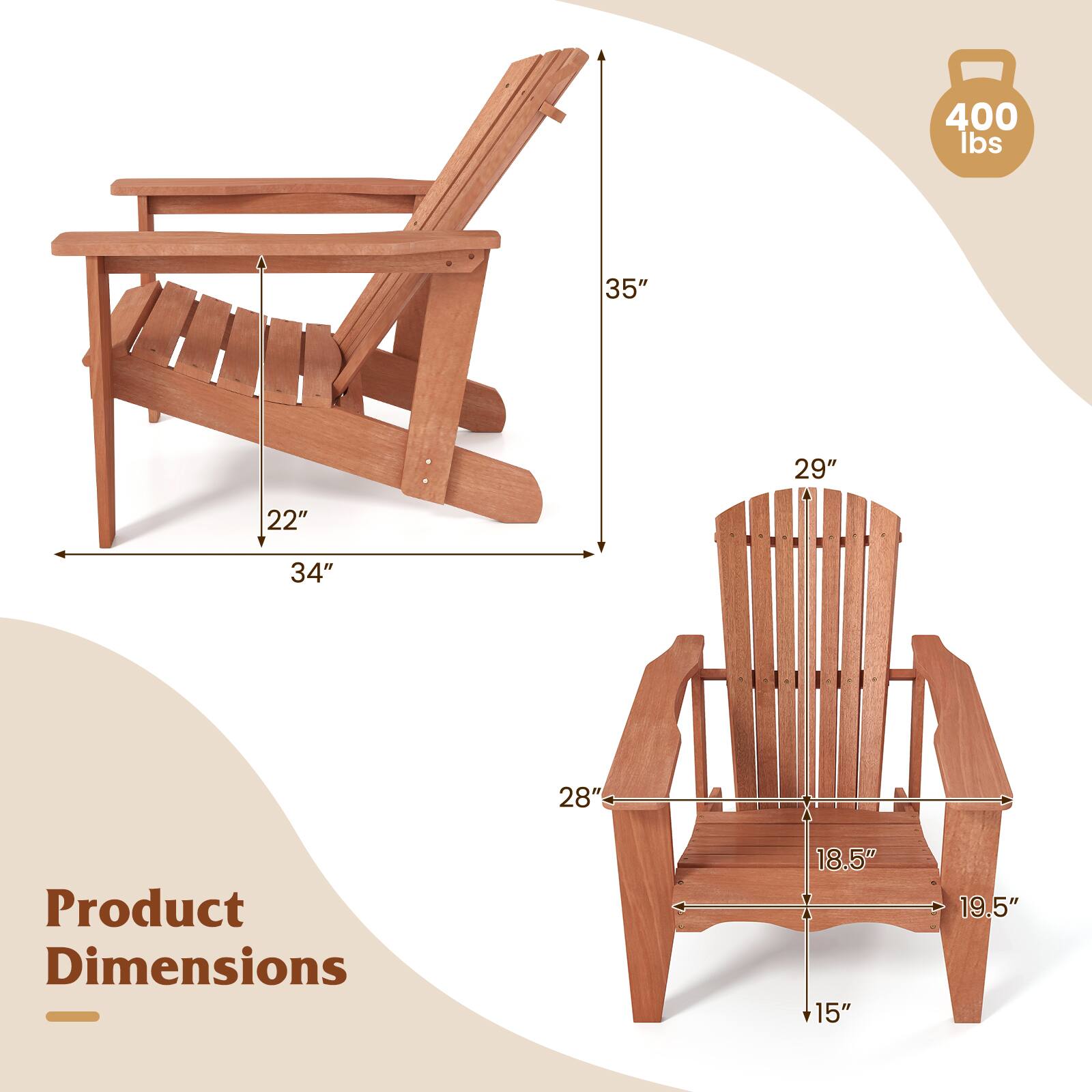400 lbs

Product Dimensions

- 35" (height of the rocking chair)
- 29" (depth of the rocking chair)
- 34" (width of the rocking chair)
- 22" (height of the seat)
- 28" (depth of the seat)
- 18.5" (width of the seat)
- 15" (height of the backrest)
- 19.5" (width of the backrest)
