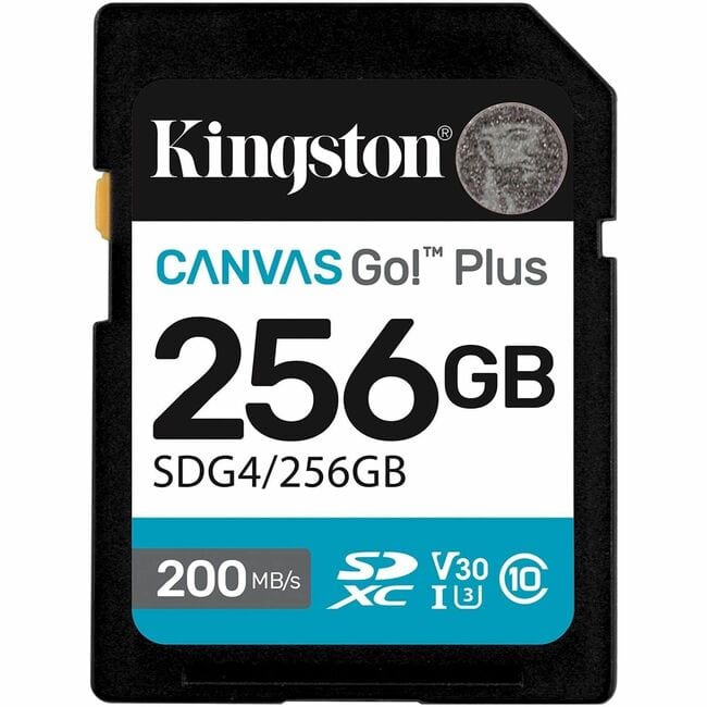 Kingston  
CANVAS Go!™ Plus  
256 GB  
SDG4/256GB  
200 MB/s  
V30  
XC  
I  
10