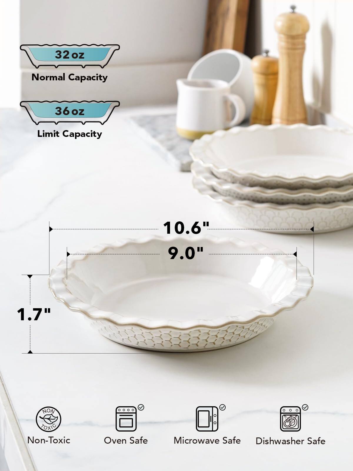 32 oz Normal Capacity  
36 oz Limit Capacity  

10.6"  
9.0"  
1.7"  

Non-Toxic  
Oven Safe  
Microwave Safe  
Dishwasher Safe