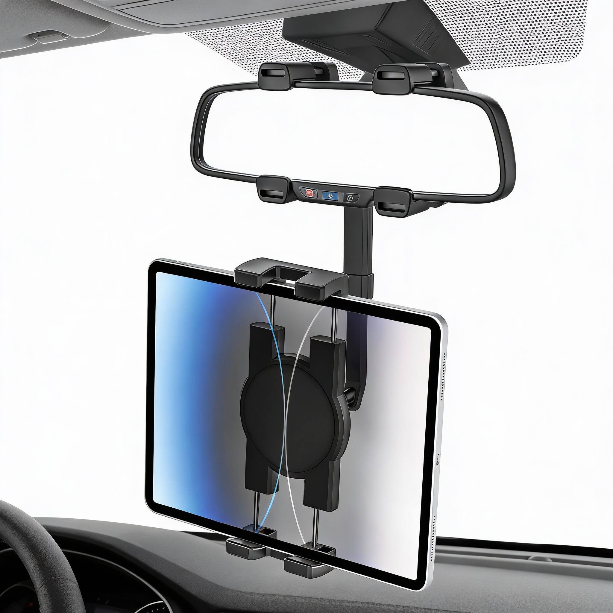 Back. OMOMMD - Tablet Holder For Car Rearview Mirror Upgraded Wider Clip Rear View Mount Rotatable And Retractable Ipad Pr... - Default.