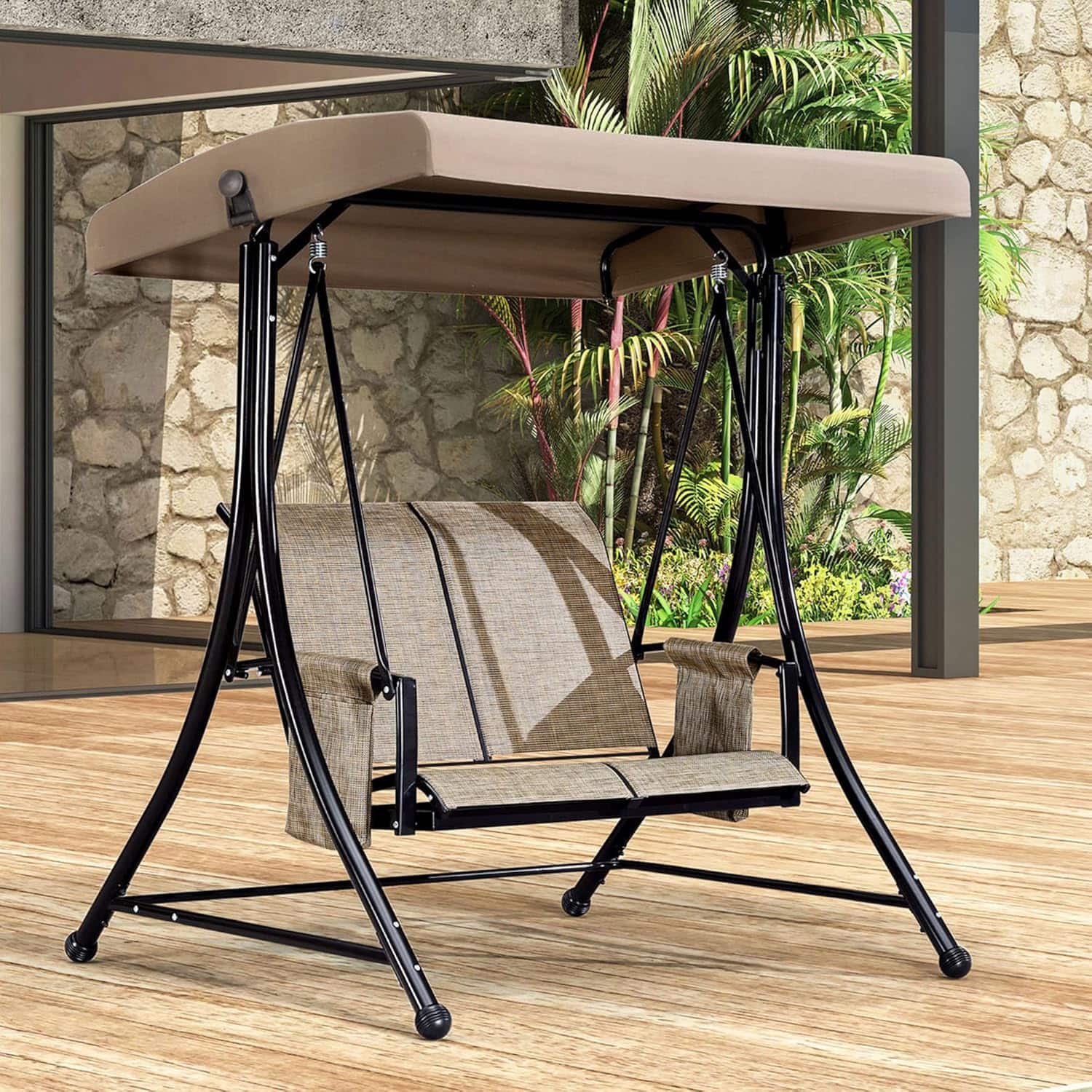 PURPLE LEAF - 2/3-person Deluxe Outdoor Patio Porch Swing with Weather Resistant Steel Frame, Adjustable Tilt Canopy - Beige-2 Person