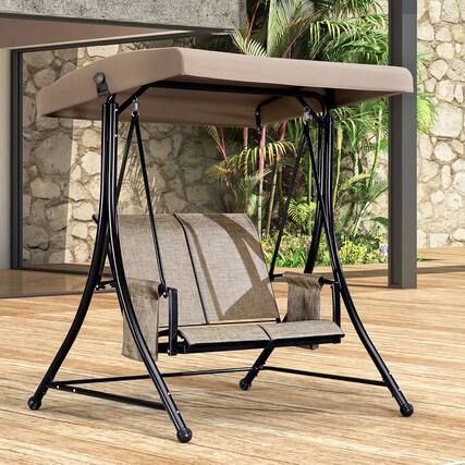 Front. PURPLE LEAF - 2/3-person Deluxe Outdoor Patio Porch Swing with Weather Resistant Steel Frame, Adjustable Tilt Canopy - Beige-2 Person.