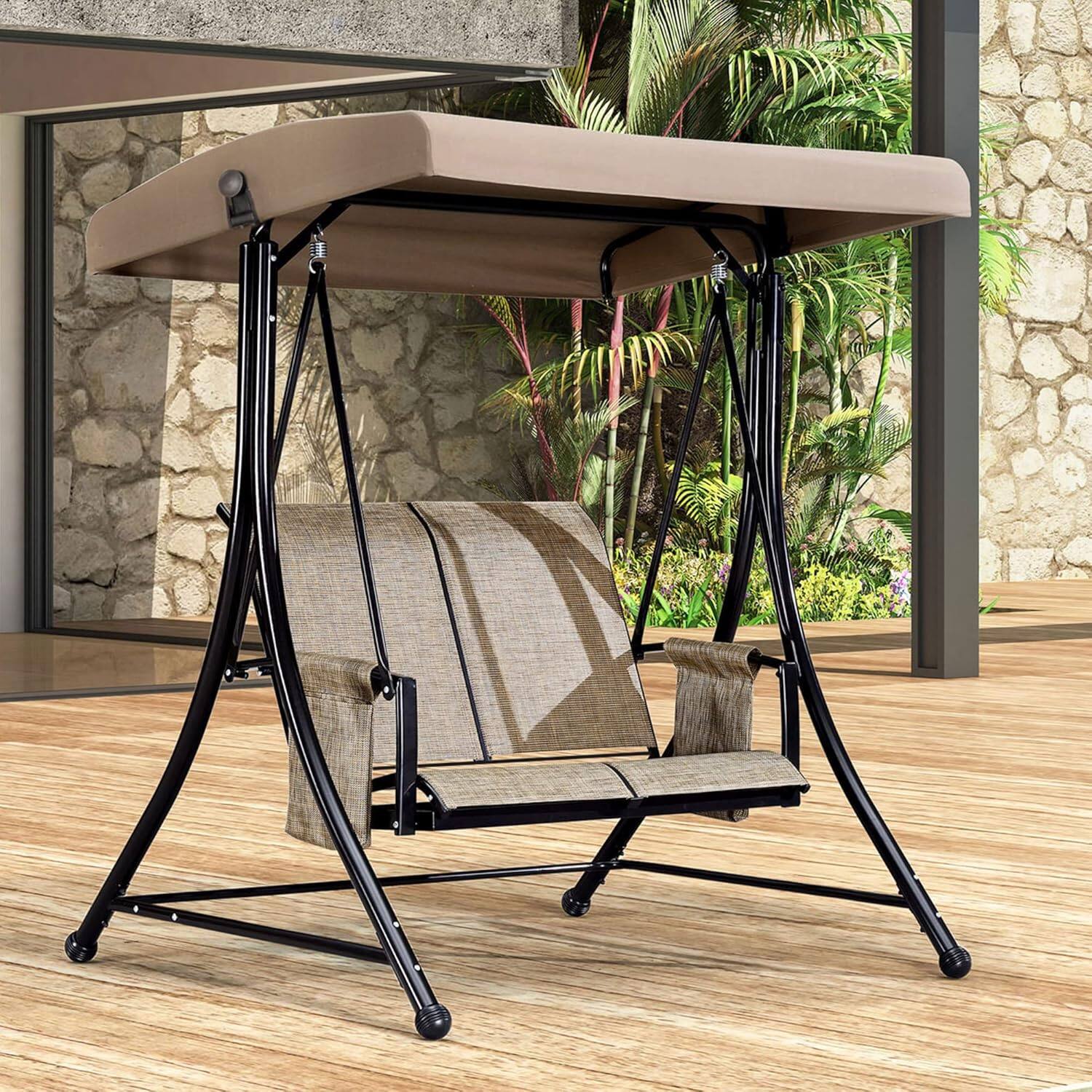 Back. PURPLE LEAF - 2/3-person Deluxe Outdoor Patio Porch Swing with Weather Resistant Steel Frame, Adjustable Tilt Canopy - Beige-2 Person.