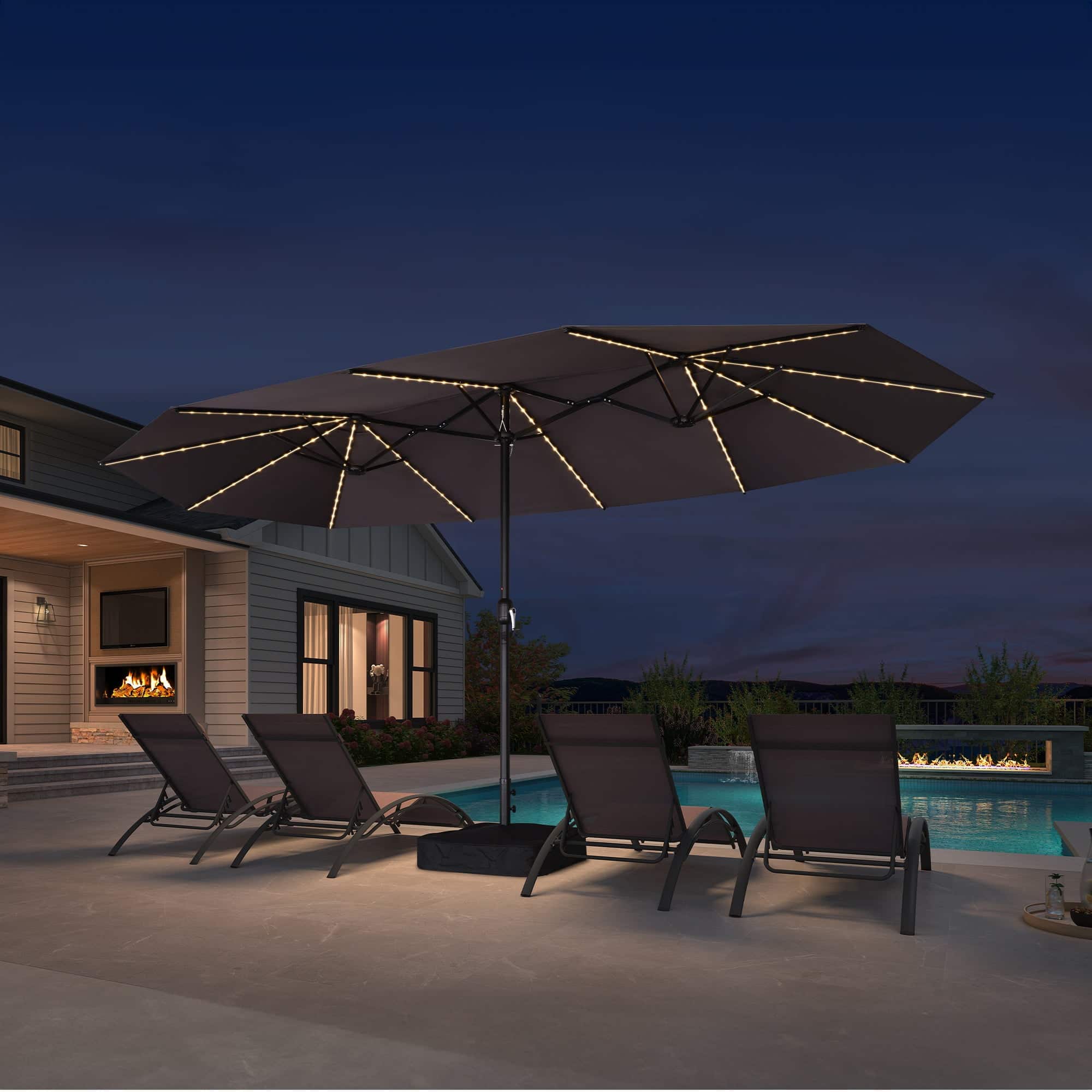 Front. PURPLE LEAF - 15 ft. Patio Market Umbrella with Solar LED and Base Double-Sided Outdoor Table Sun Umbrellas for Pool Deck Backyard - Gray.