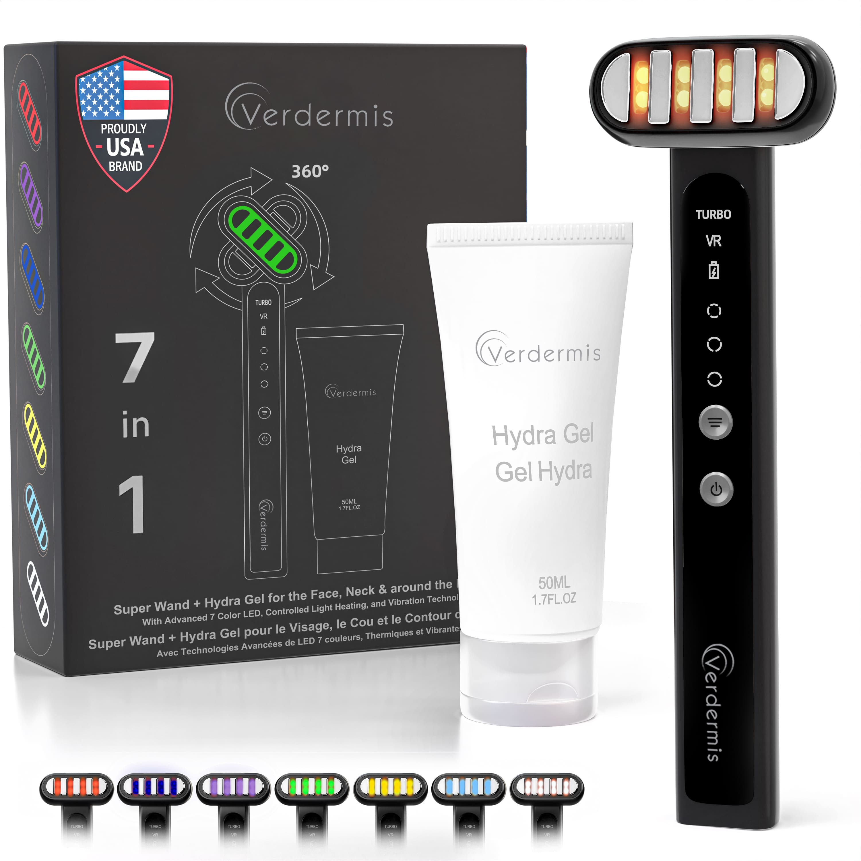 PROUDLY USA BRAND  
Verdermis 360 TURBO VR MD gun UD QD TURBO IN a 7  
Verdermis  
Verdermis in Hydra Gel  
Hydra Gel  
Gel Hydra  
SOML 1 /erdermis  
LIM & around the 50ML the Face, Neck Hydra Gel for Vibration Technol 1.7FL.OZ  
Wand + Heating, and Super LED.  
Controlled Light Advanced 7 Color Contour a With le Cou et le Gel pour le Visage, Thermiques at Vibrante Wand + Hydra de LED 1 couleurs Super Technologies Avances Avec = erdermis