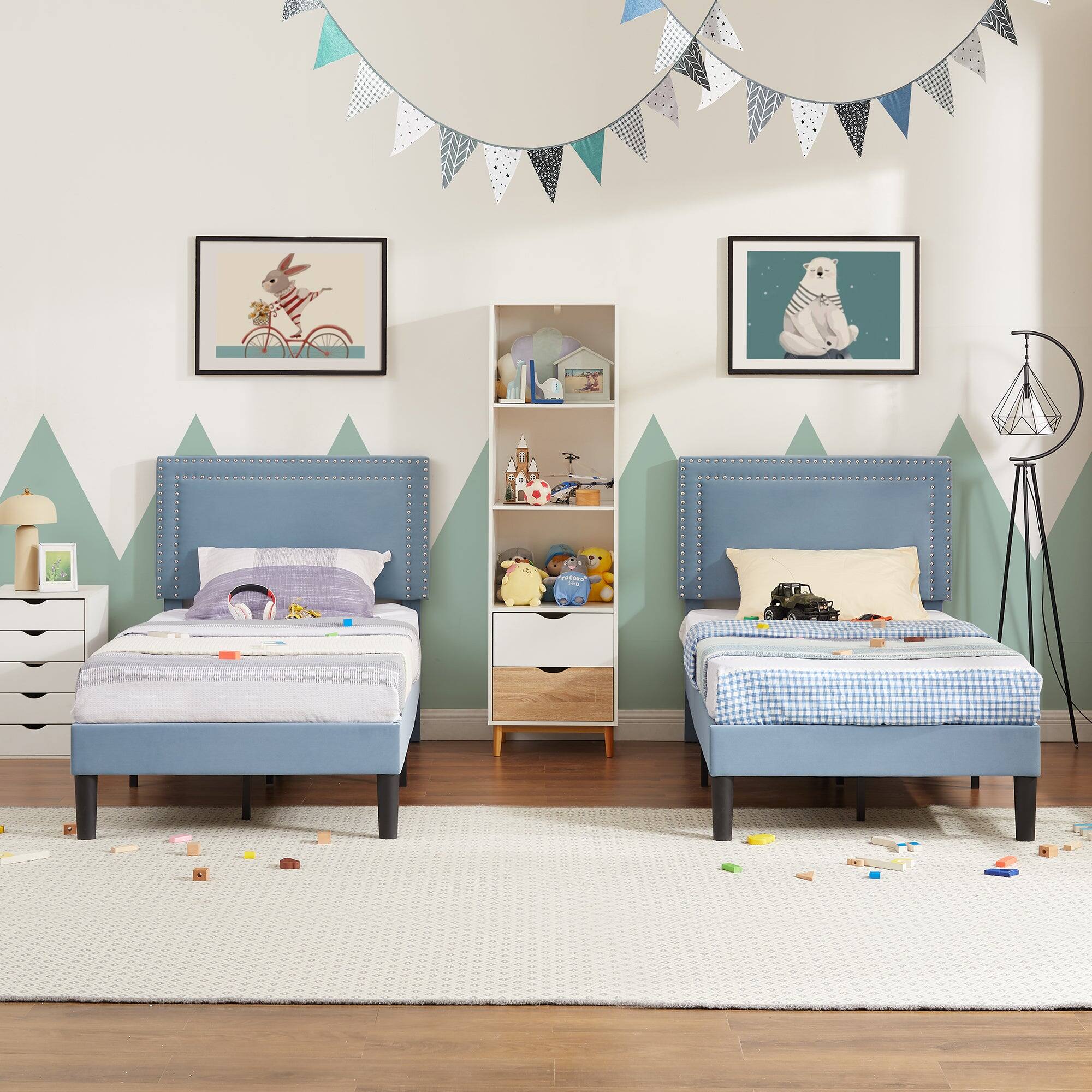 Alt View 1. Vecelo - Twin Size Platform Bed Frame with Adjustable Upholstered Headboard, Strong Wood Slat Support,No Box Spring Needed - Light Blue.