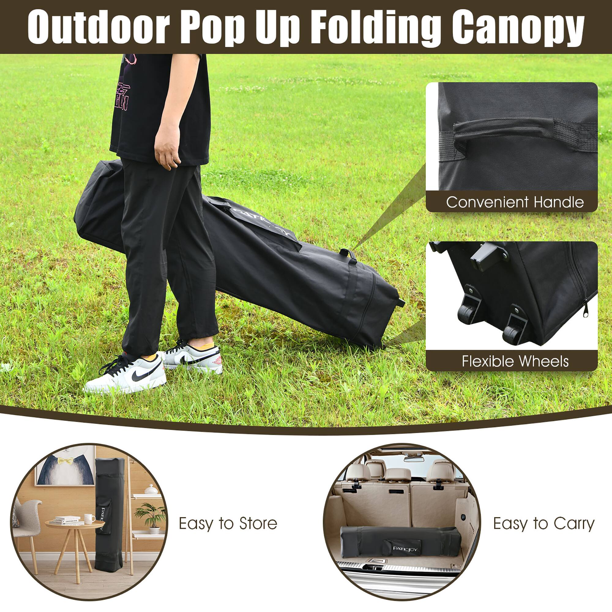 Outdoor Pop Up Folding Canopy

- Convenient Handle
- Flexible Wheels
- Easy to Store
- Easy to Carry