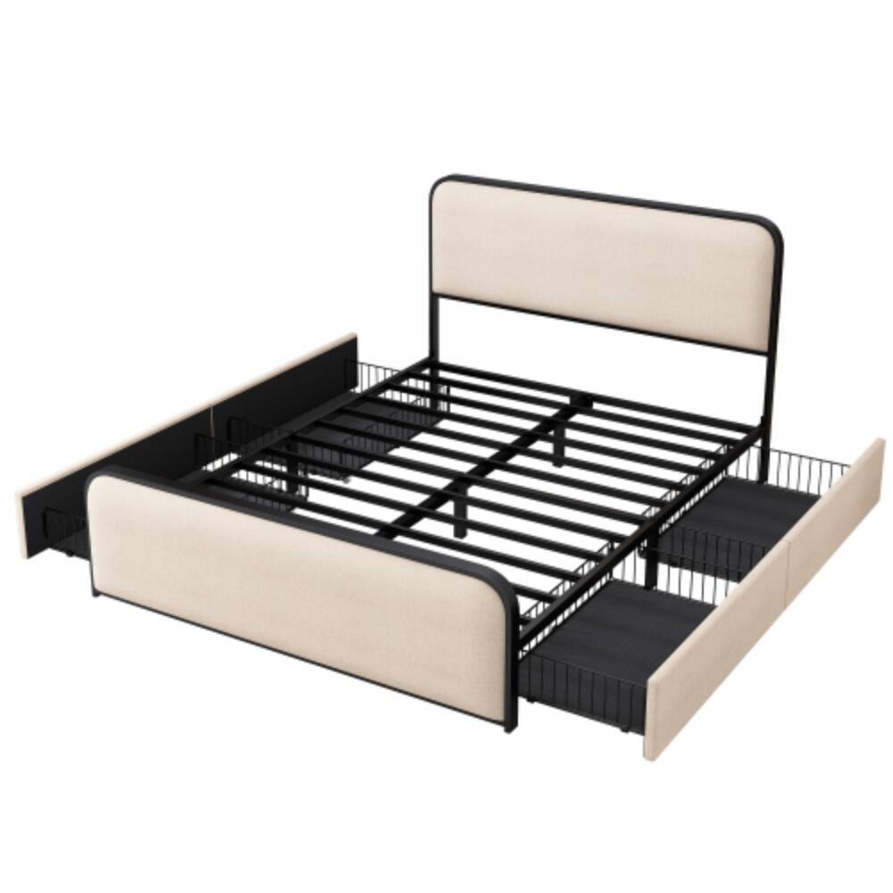 Back. LUCKY ONE - Queen Size Modern Metal Bed Frame with Curved Upholstered Headboard and Footboard, 4 Storage Drawers - Beige.