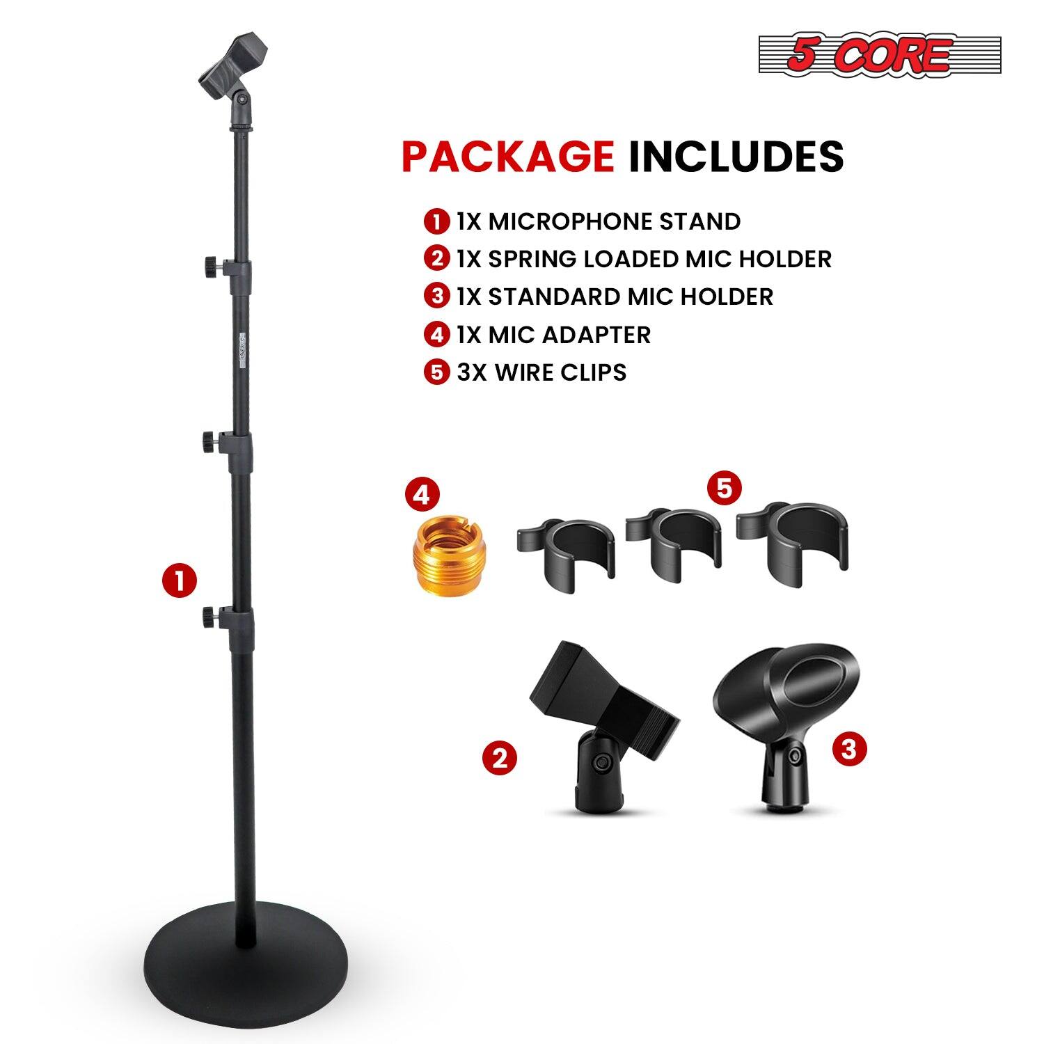 5 CORE PACKAGE INCLUDES 1 1X MICROPHONE STAND 2 1X SPRING LOADED MIC HOLDER 3 1X STANDARD MIC HOLDER 4 1X MIC ADAPTER 5 3X WIRE CLIPS