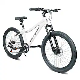 Anysun - 24" Youth Mountain Bike - 7 Speeds, Front Suspension, Steel Frame, Alloy Rims & Disc Brakes for Boys & Girls - White