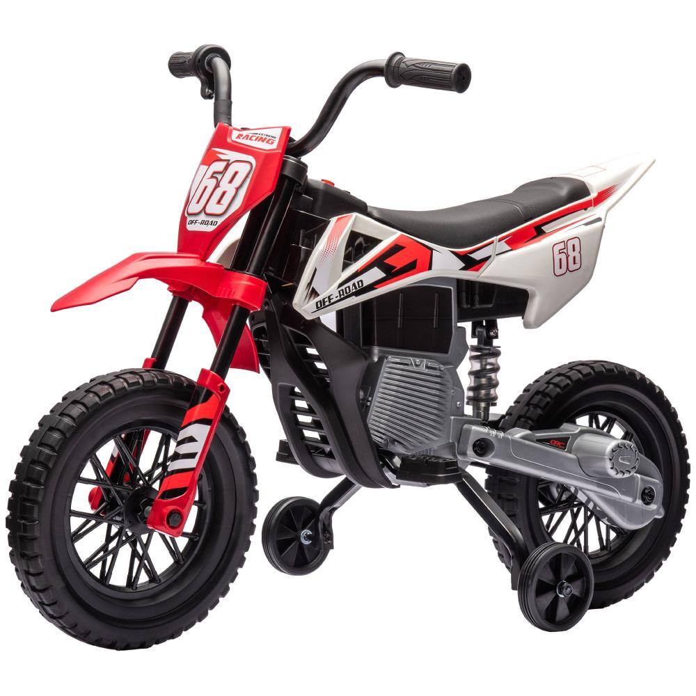 BreeBe - Qaba 12V Kids Dirt Bike with Twist Throttle, Electric Motorcycle with Training Wheels, Rear Suspension & Music, Ages 3-6 - Red