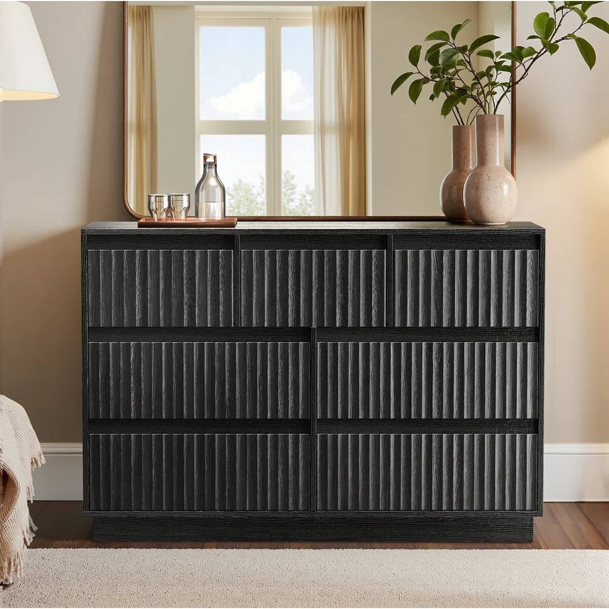 Angle. Koligey - 7-Drawer Dresser 47"W Double Dresser With Waveform Fluted Panel - black.