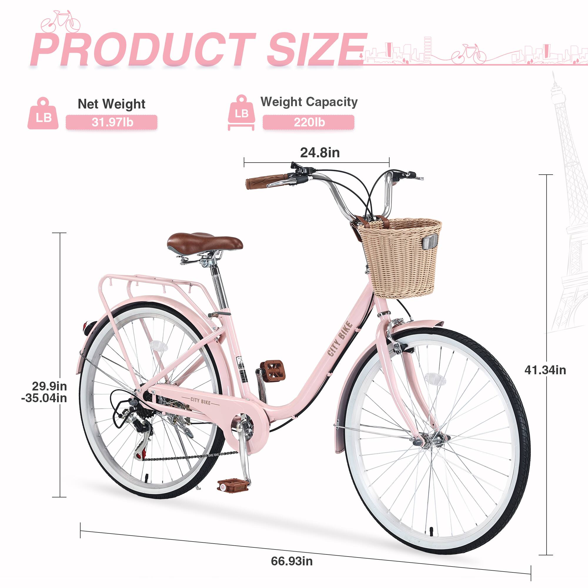 PRODUCT SIZE

Net Weight: 31.97lb  
Weight Capacity: 220lb  

Dimensions:  
- Height: 24.8in  
- Width: 66.93in  
- Length: 41.34in  
- Seat Height: 29.9in - 35.04in