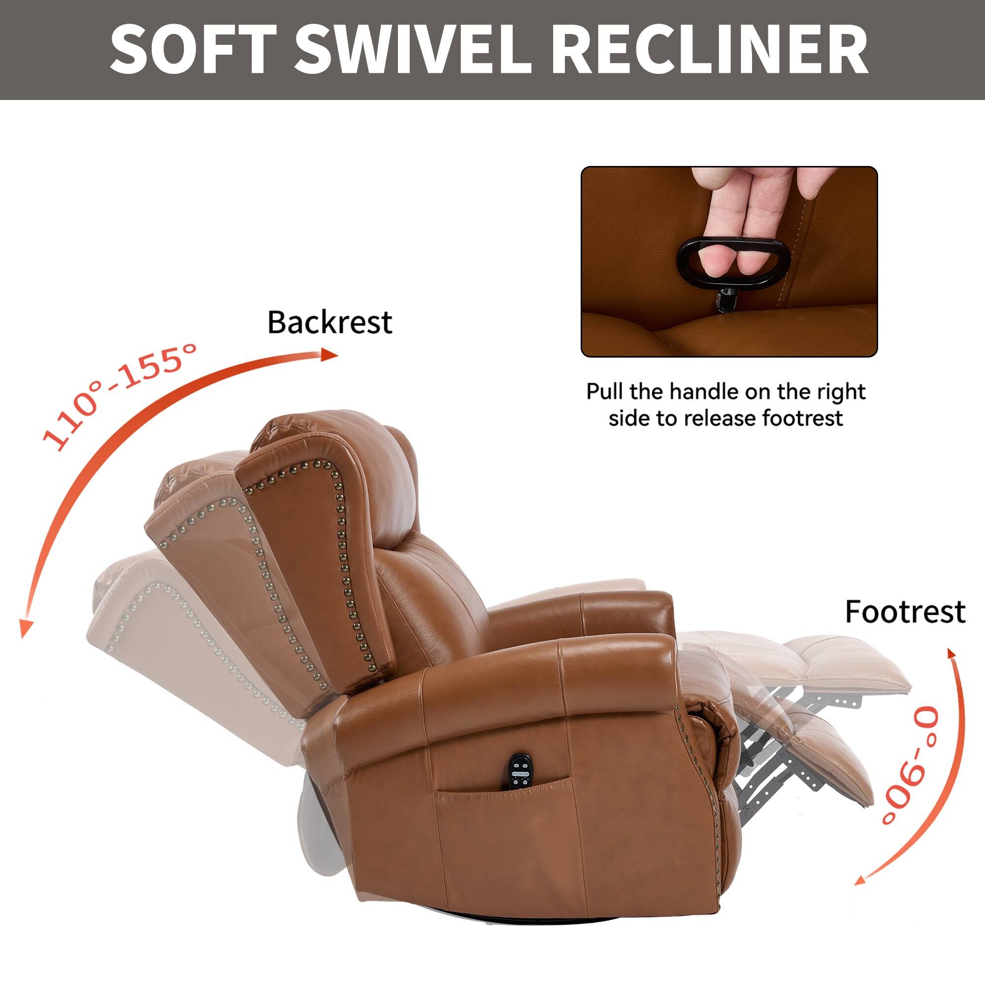 SOFT SWIVEL RECLINER

Backrest  
110°-155°

Footrest  
0°-90°

Pull the handle on the right side to release footrest