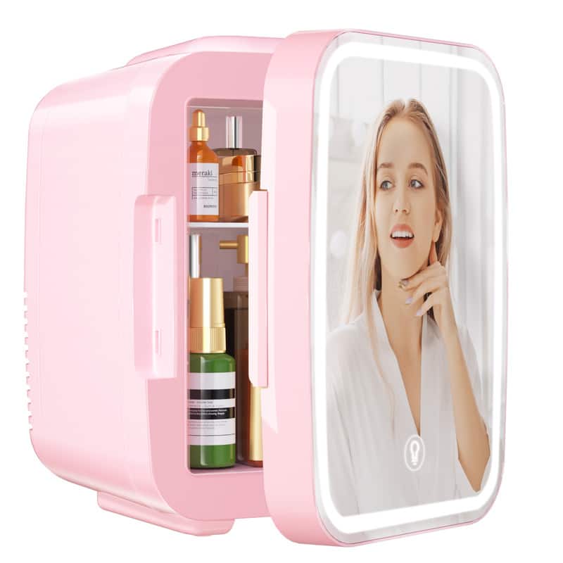 YASHE - Portable Mini Skincare Fridge with LED Mirror, 4L/6 cans, cooler & warmer for beauty, food, car - Pink