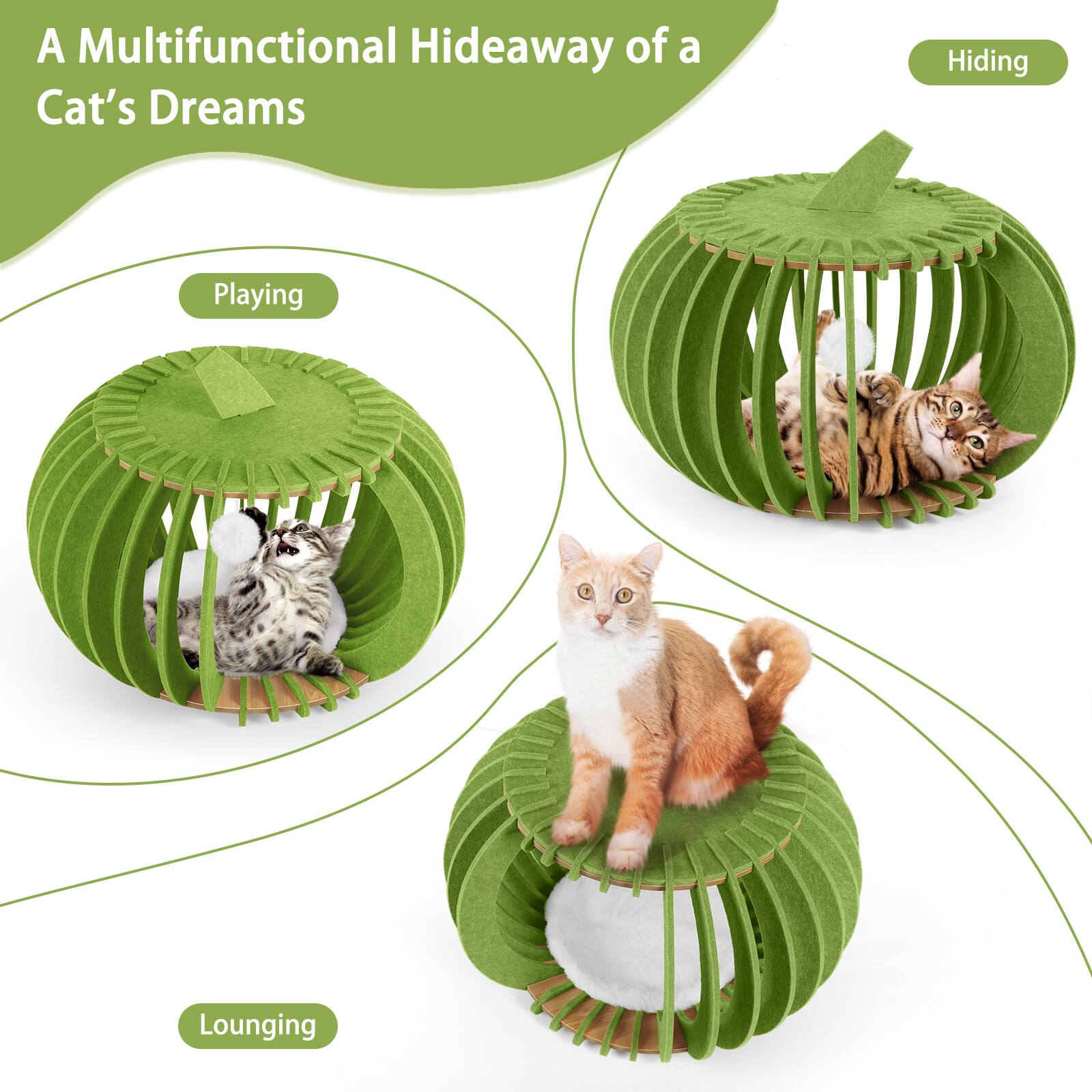 A Multifunctional Hideaway of a Cat's Dreams

- Playing
- Hiding
- Lounging