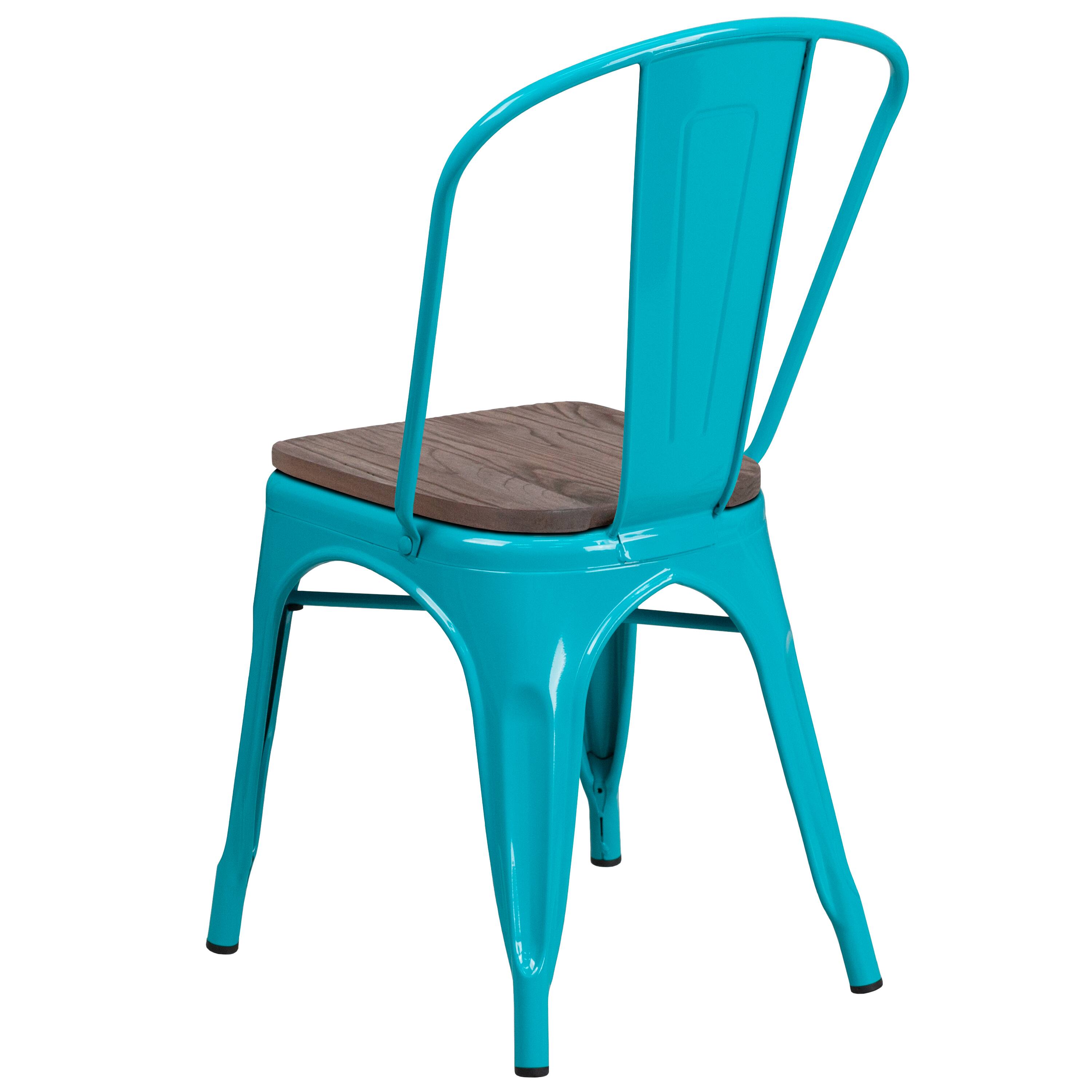Alt View 3. Emma + Oliver - Colorful Metal Dining Stack Chair with Wood Seat - Crystal Teal-Blue.