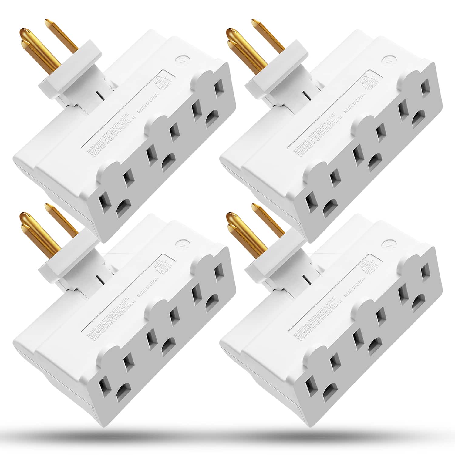 Fosmon - 4 Pack 3 Outlet Extender, Indoor Outlet Splitter, ETL Listed Grounded Wall Outlet Adapter, Electrical Outlet Swivel Plug - White