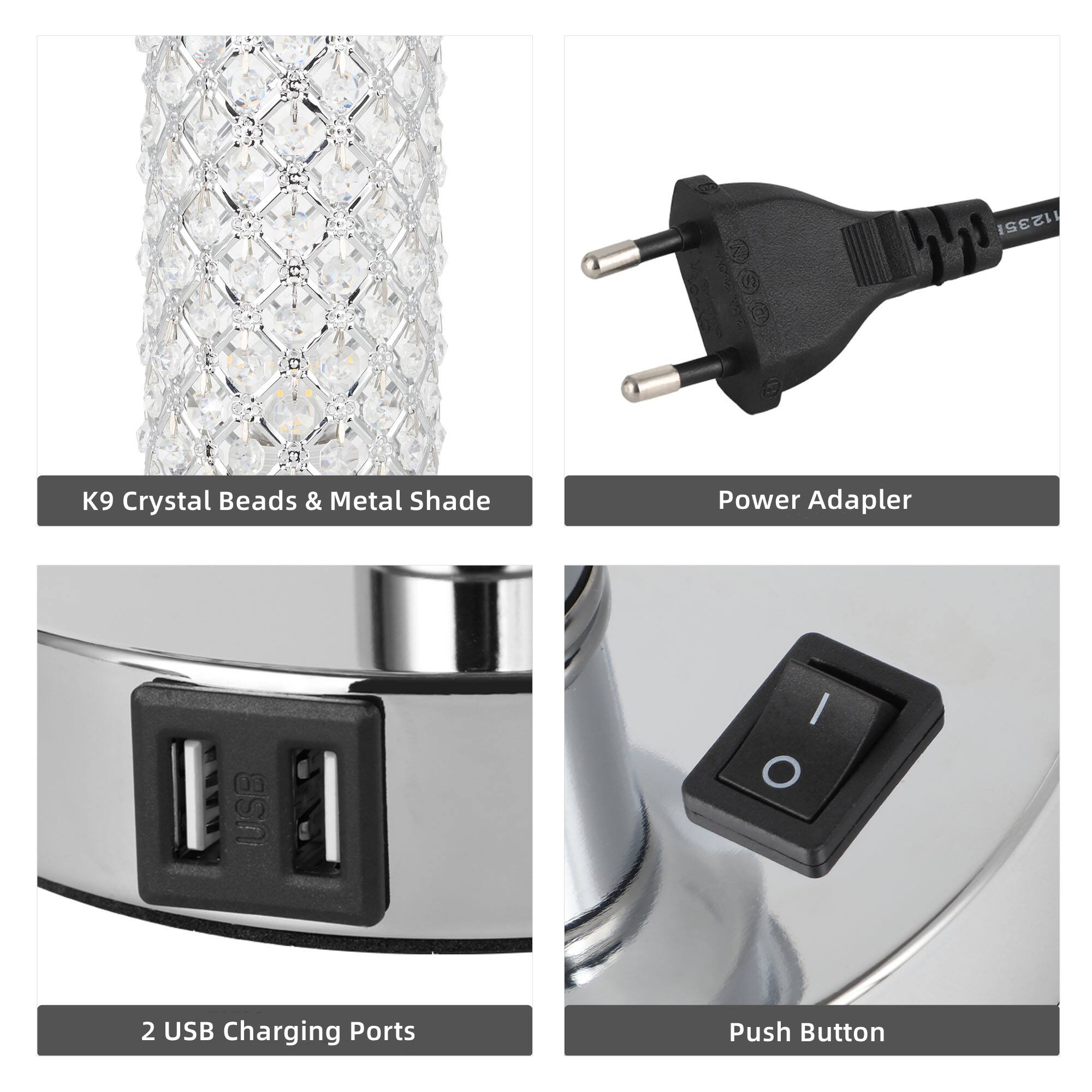 12351 (K9 Crystal Beads & Metal Shade Power Adaptor USB I/O 2 USB Charging Ports Push Button)