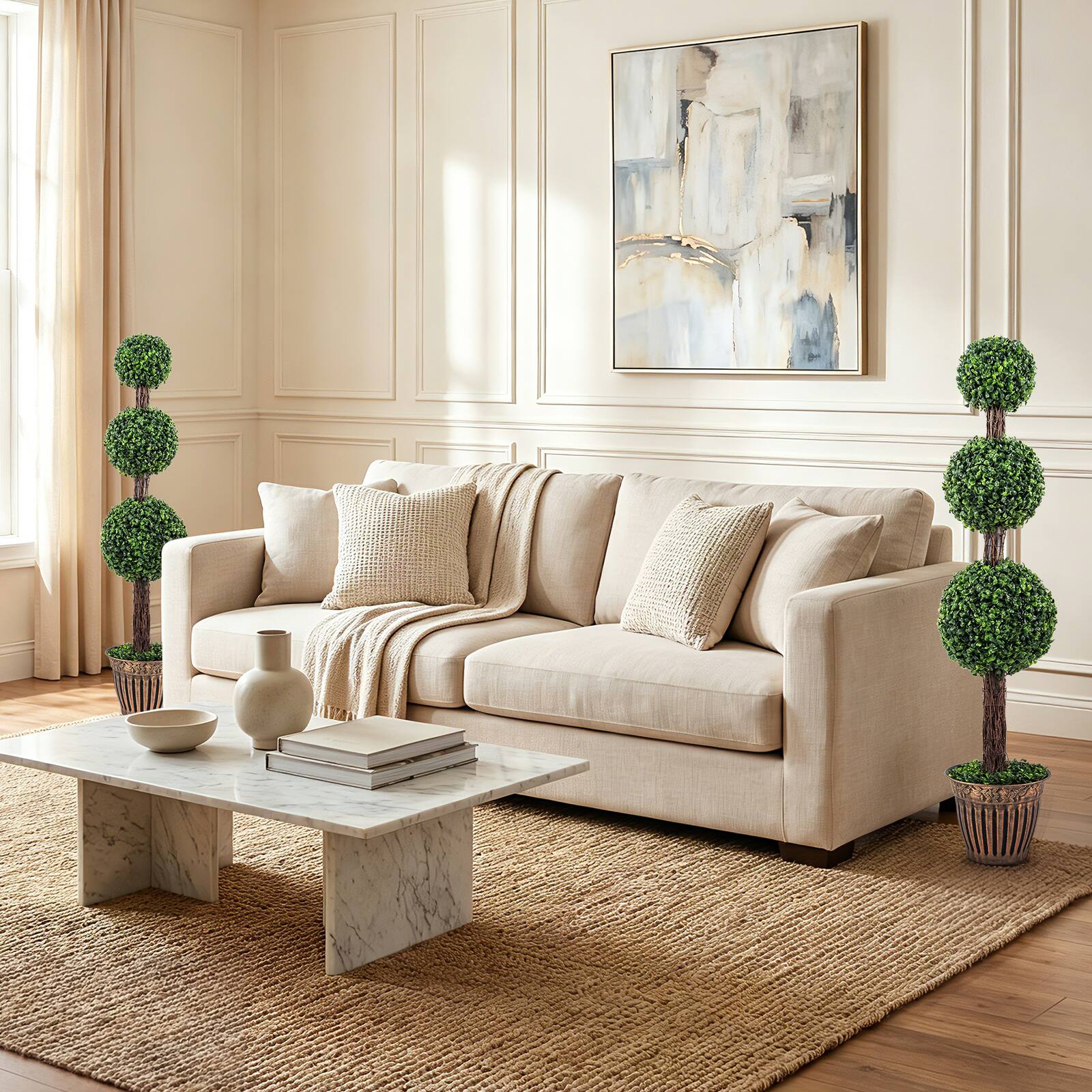 Alt View 3. Costway - Costway 1 PCS Artificial Triple Ball Boxwood Tree,Fake Topiary with Cement-filled Retro Planter - Green.