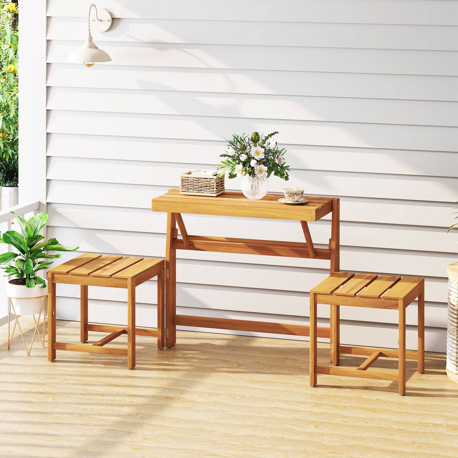 Alt View 3. Gymax - Gymax 3-in-1 Outdoor Acacia Wood Loveseat Bench Furnitur w/ Slatted Seat for Garden - Yellow.