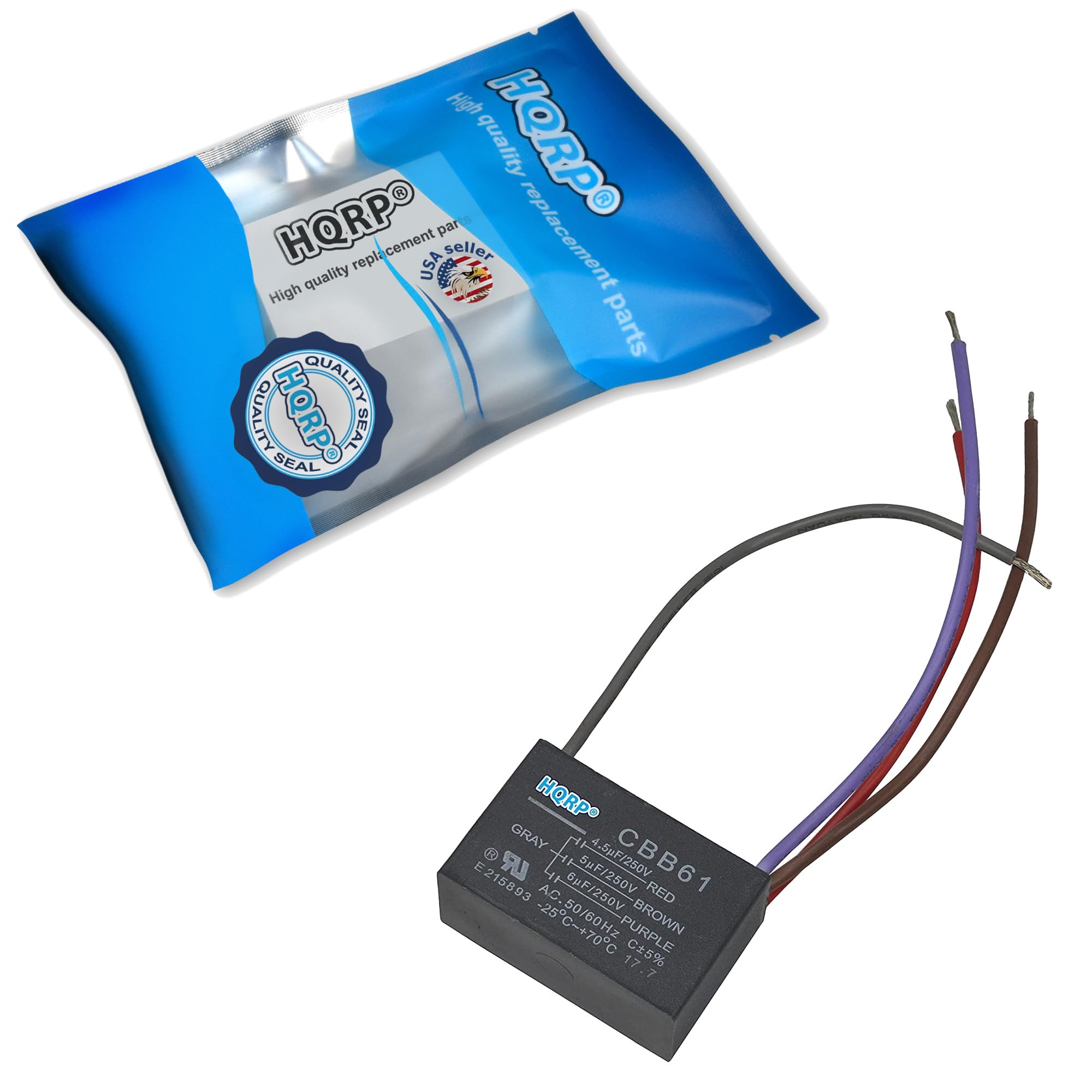 High quality replacement parts  
HQRP  
High quality replacement parts  
USA seller  
QUALITY  
HQRP SEAL  
GRAY  
4.6pF/250V CBB61 E 21 LR 4  
5uF/250V 215893 AC  
6uF/250V RED -25 50 BROWN -25C-+70C PURPLE 60Hz PURPLE C5% 17.7