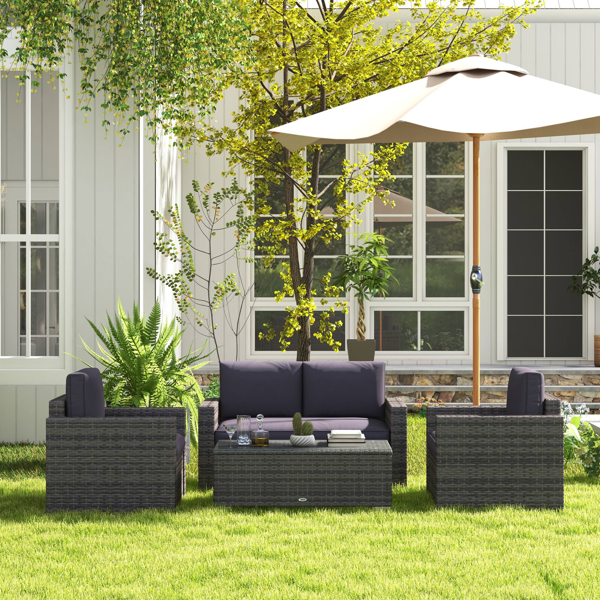 Alt View 1. Outsunny - 4 Piece Wicker Patio Furniture Set with Cushions, Outdoor Sectional Furniture with 2 Sofa, Loveseat - Gray.