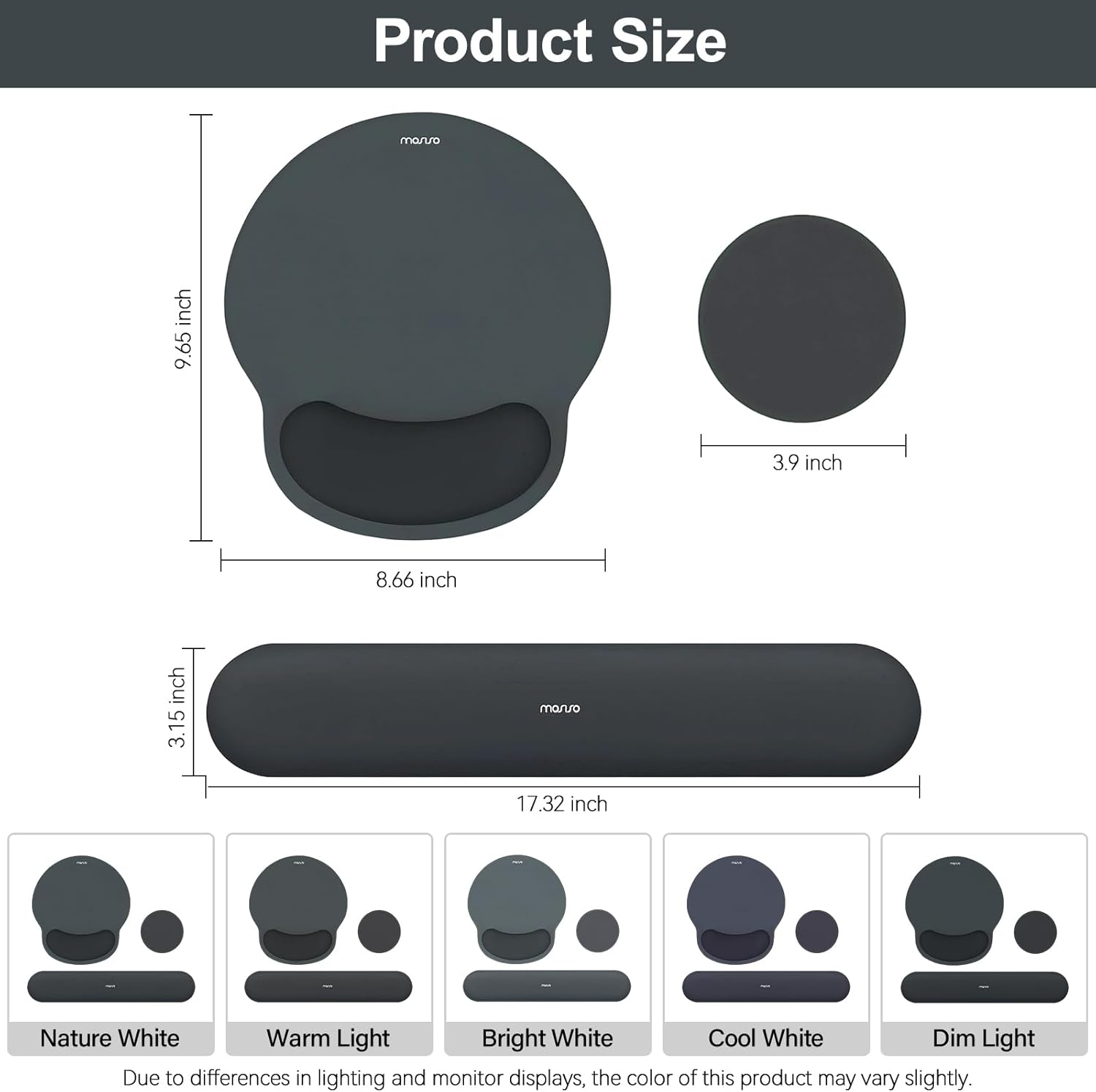 Product Size  
- Height: 9.65 inch  
- Diameter: 3.9 inch  
- Length: 8.66 inch  
- Width: 3.15 inch  
- Overall Length: 17.32 inch  

Lighting Options:  
- Nature White  
- Warm Light  
- Bright White  
- Cool White  
- Dim Light  

Note: Due to differences in lighting and monitor displays, the color of this product may vary slightly.