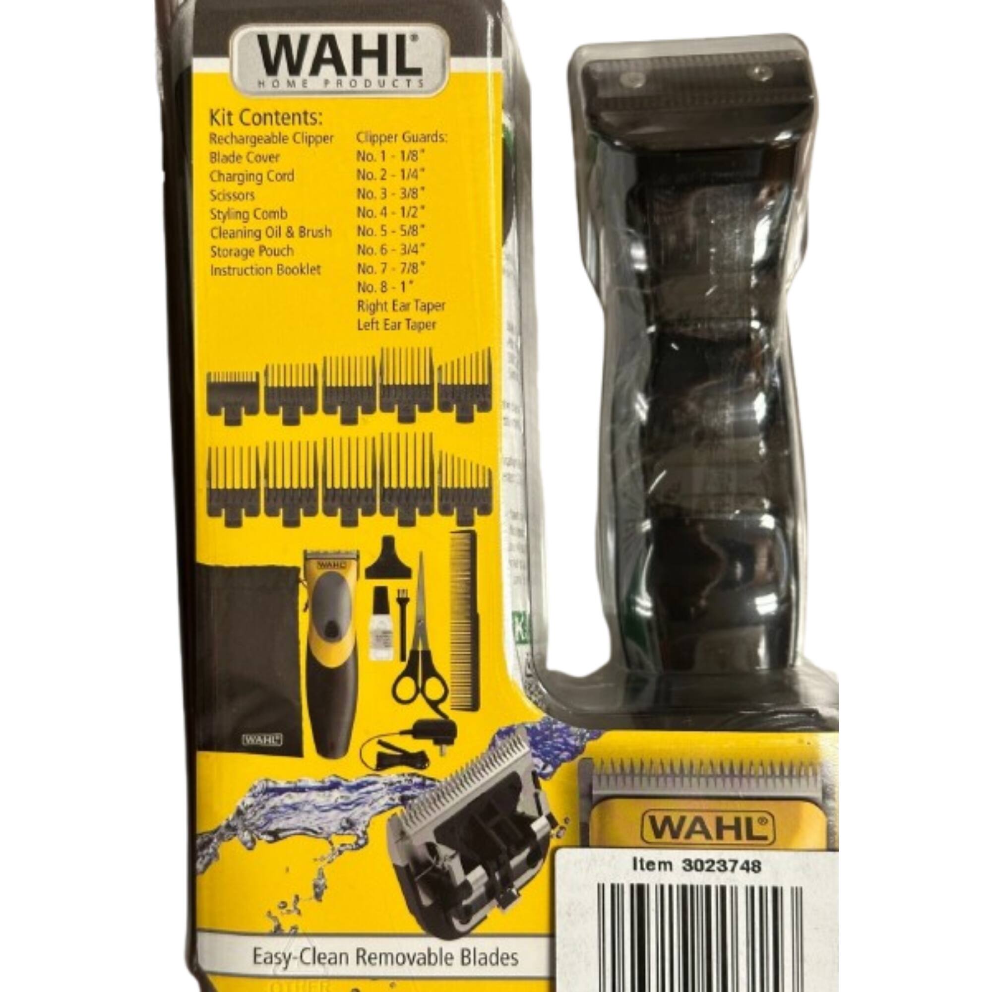 WAHL HOME PRODUCTS  
Kit Contents:  
- Rechargeable Clipper  
- Blade Cover  
- Charging Cord  
- Scissors  
- Styling Comb  
- Cleaning Oil & Brush  
- Storage Pouch  
- Instruction Booklet  
- Right Ear Taper  
- Left Ear Taper  

Clipper Guards:  
- No. 1 - 1/8"  
- No. 2 - 1/4"  
- No. 3 - 3/8"  
- No. 4 - 1/2"  
- No. 5 - 5/8"  
- No. 6 - 3/4"  
- No. 7 - 7/8"  
- No. 8 - 1"  

WAHL Item 3023748  
Easy-Clean Removable Blades