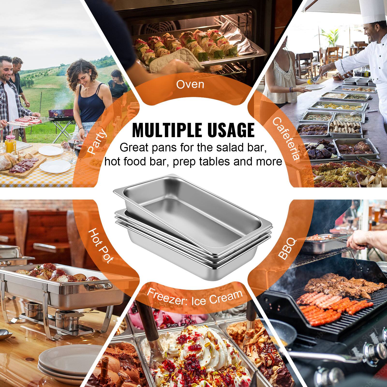 Oven  
Party  
Cafeteria  
Hot Pot  
BBQ  
Freezer: Ice Cream  

MULTIPLE USAGE  
Great pans for the salad bar, hot food bar, prep tables and more