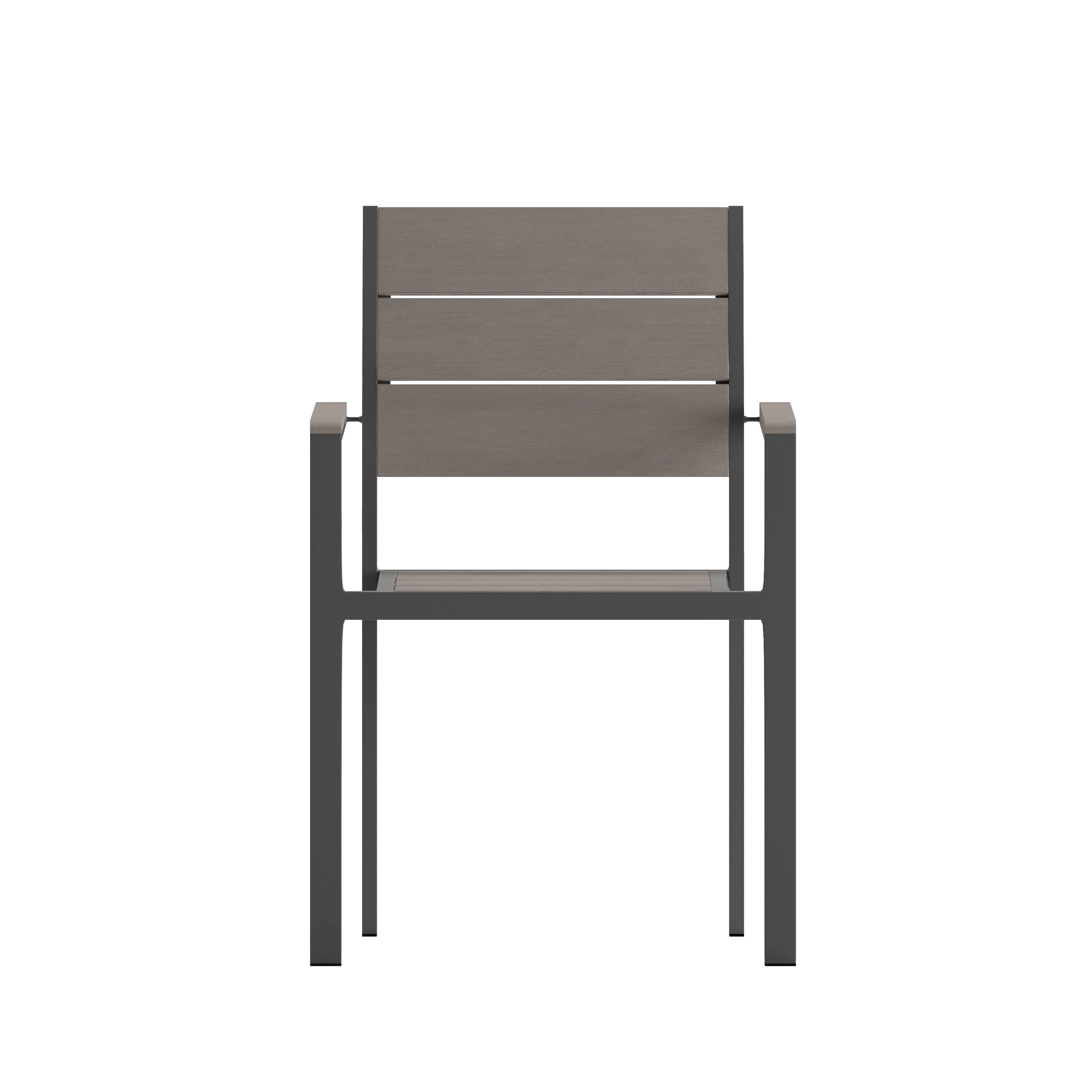 Alt View 9. Emma + Oliver - Fena Outdoor Stacking Side Chair with Faux Teak Poly Slat Seat, Back and Arms and Metal Frame - Gray.