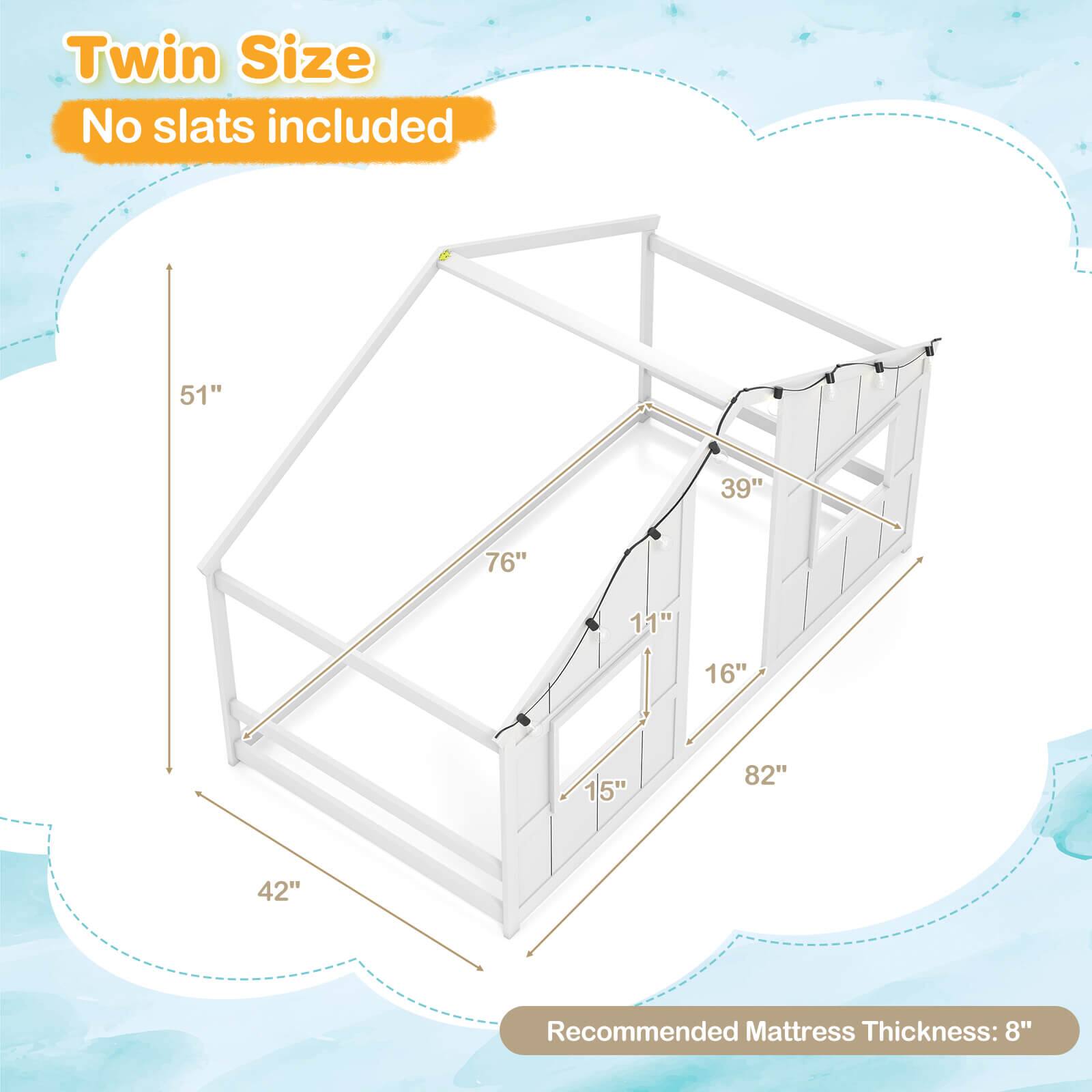 Twin Size  
No slats included  

51"  
39"  
76"  
11"  
16"  
15"  
82"  
42"  

Recommended Mattress Thickness: 8"