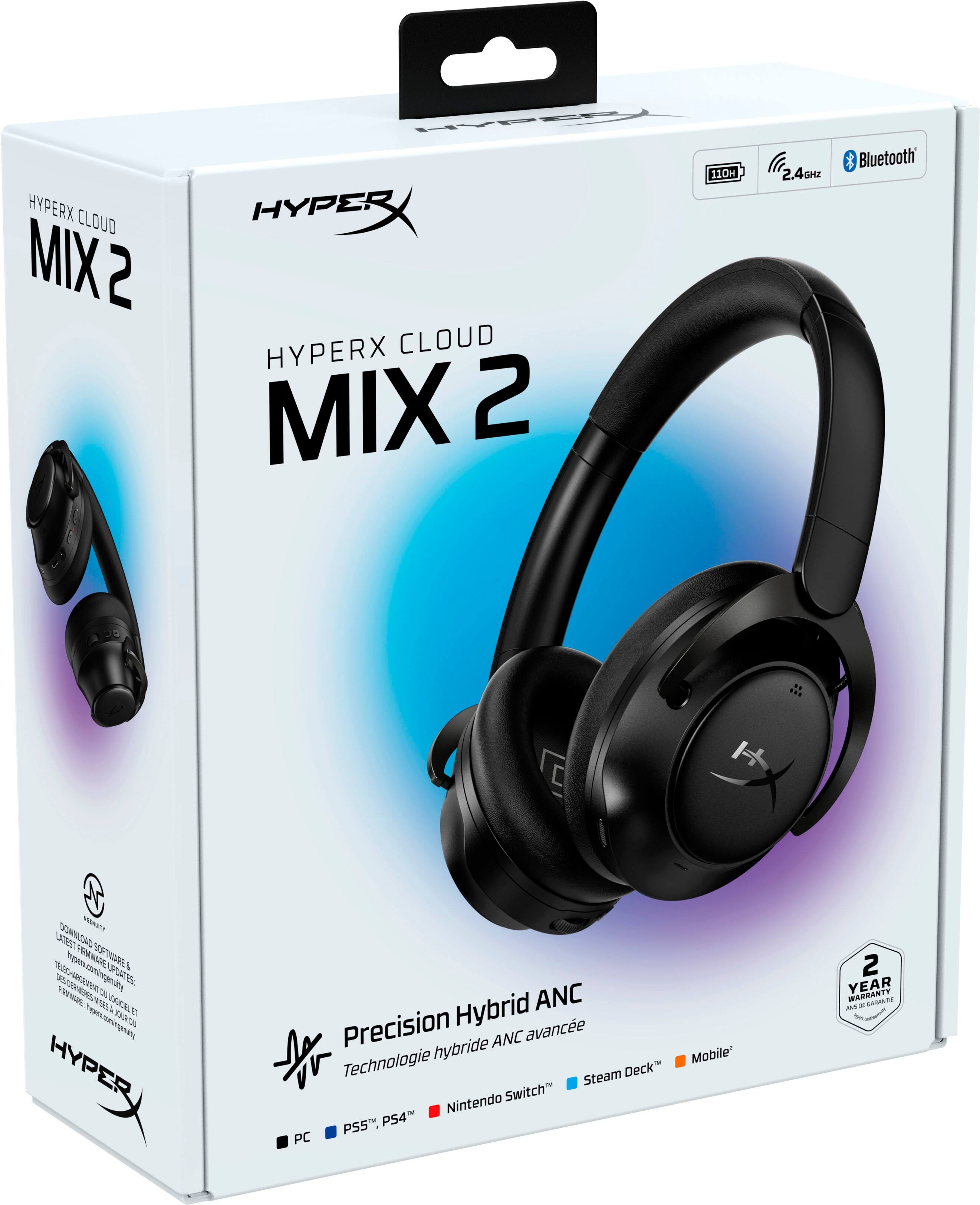 HyperX Cloud Mix 2 2.4GHz Bluetooth 14-T IART Donnloa CM 1 Viersua SOITMASLL 1 1a0 etmegi T0 UPATTOL FRANI NIRO L 2 Hyper Hybrid ANC Precision hybride ANC avance Technologie Mobile Steam Deck Nintendo Switch PS5, P54 PC 2 YEAR MRRANTY CANADA