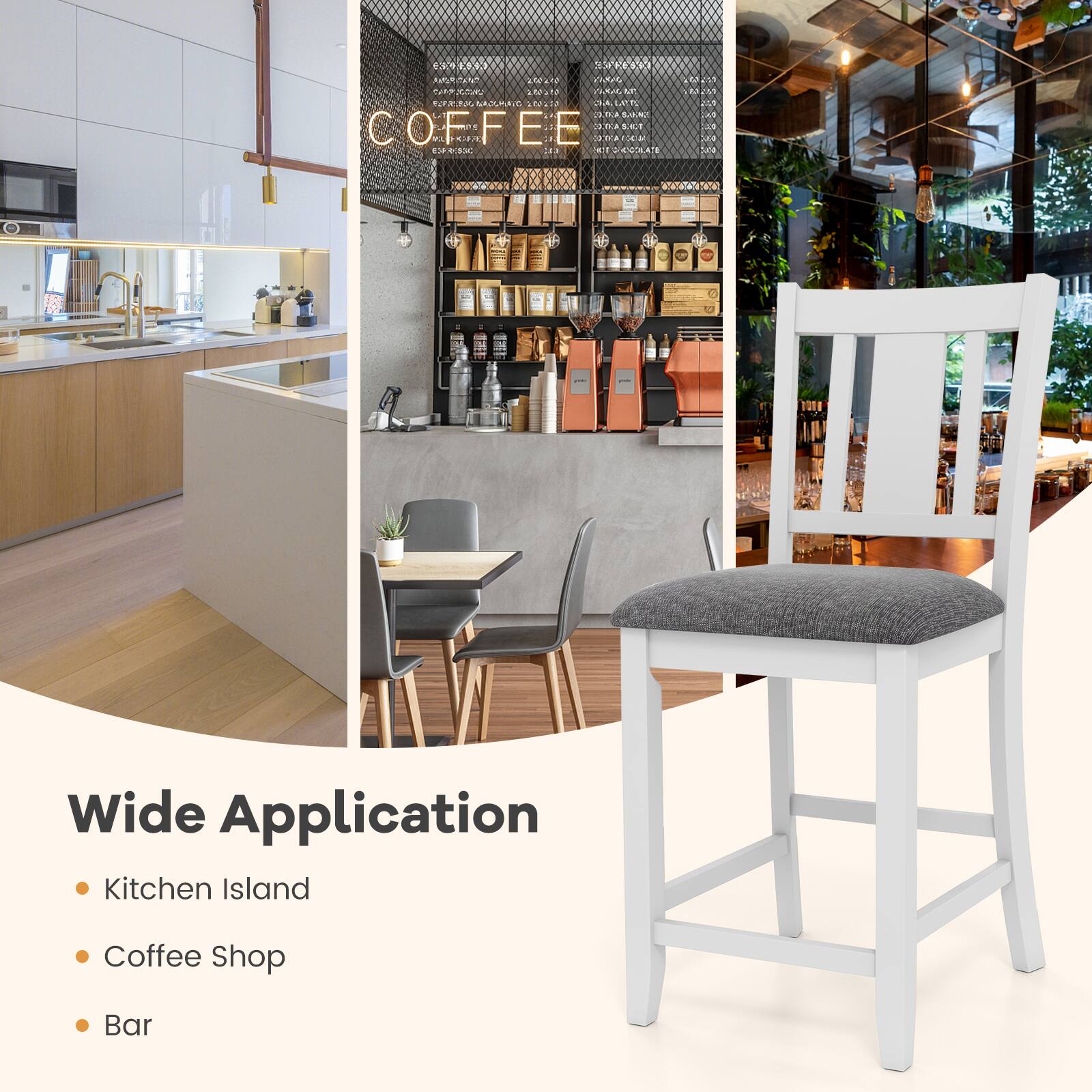 The text in the image can be grouped and corrected as follows:

**Wide Application**
- Kitchen Island
- Coffee Shop
- Bar

The text "COFFEE" is part of the image, likely indicating a coffee shop setting.