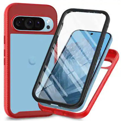 Front. Dteck - 360 Full Body Case for Google Pixel 10 Pro with Built-in Screen Protector, Shockproof Dual Layer Protective Cover - Red.