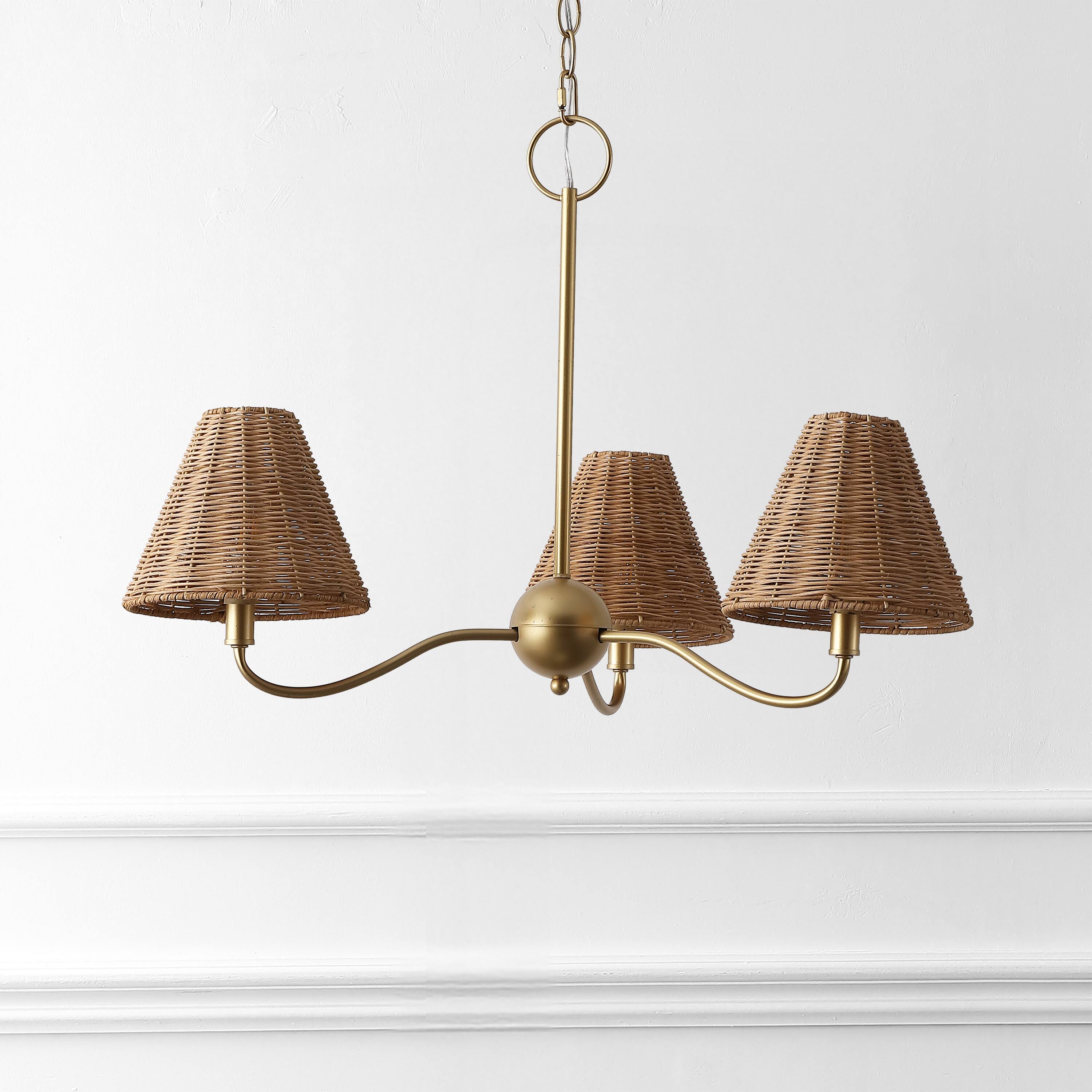 Alt View 5. Jonathan Y - Grady 27" 3-Light Adjustable Swooping Arm Metal with Hand-Woven Rattan Shades LED Chandelier, Gold Painting/Brown - Gold Painting.