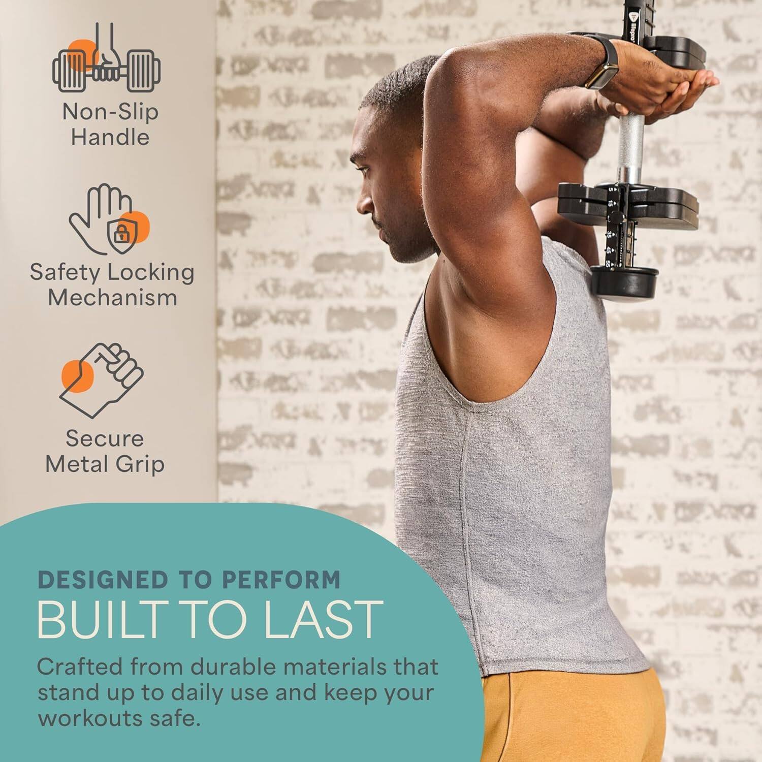 Non-Slip Handle  
Safety Locking Mechanism  
Secure Metal Grip  

DESIGNED TO PERFORM  
BUILT TO LAST  

Crafted from durable materials that stand up to daily use and keep your workouts safe.