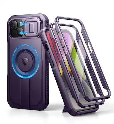 Front. dexnor - Dexnor iPhone 14/13 Magnetic Case with Camera Cover & Adjustable Kickstand & Built-in Screen Protector,Phantom Purple - Phantom Purple.