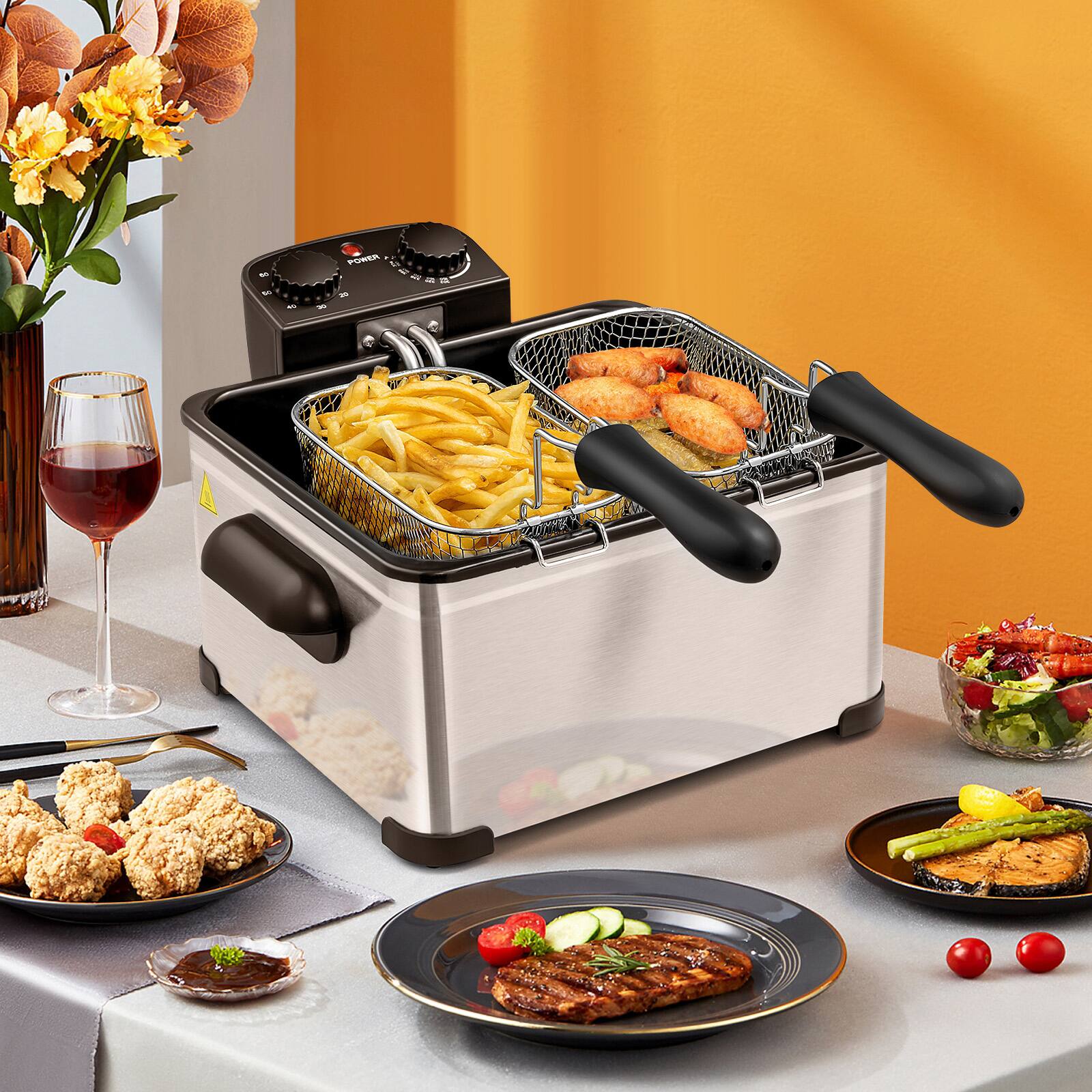Alt View 6. SKONYON - 1700W Deep Fryer with Triple Basket System 5.3 Qt Oil Capacity and Adjustable Temperature Control - Silver.