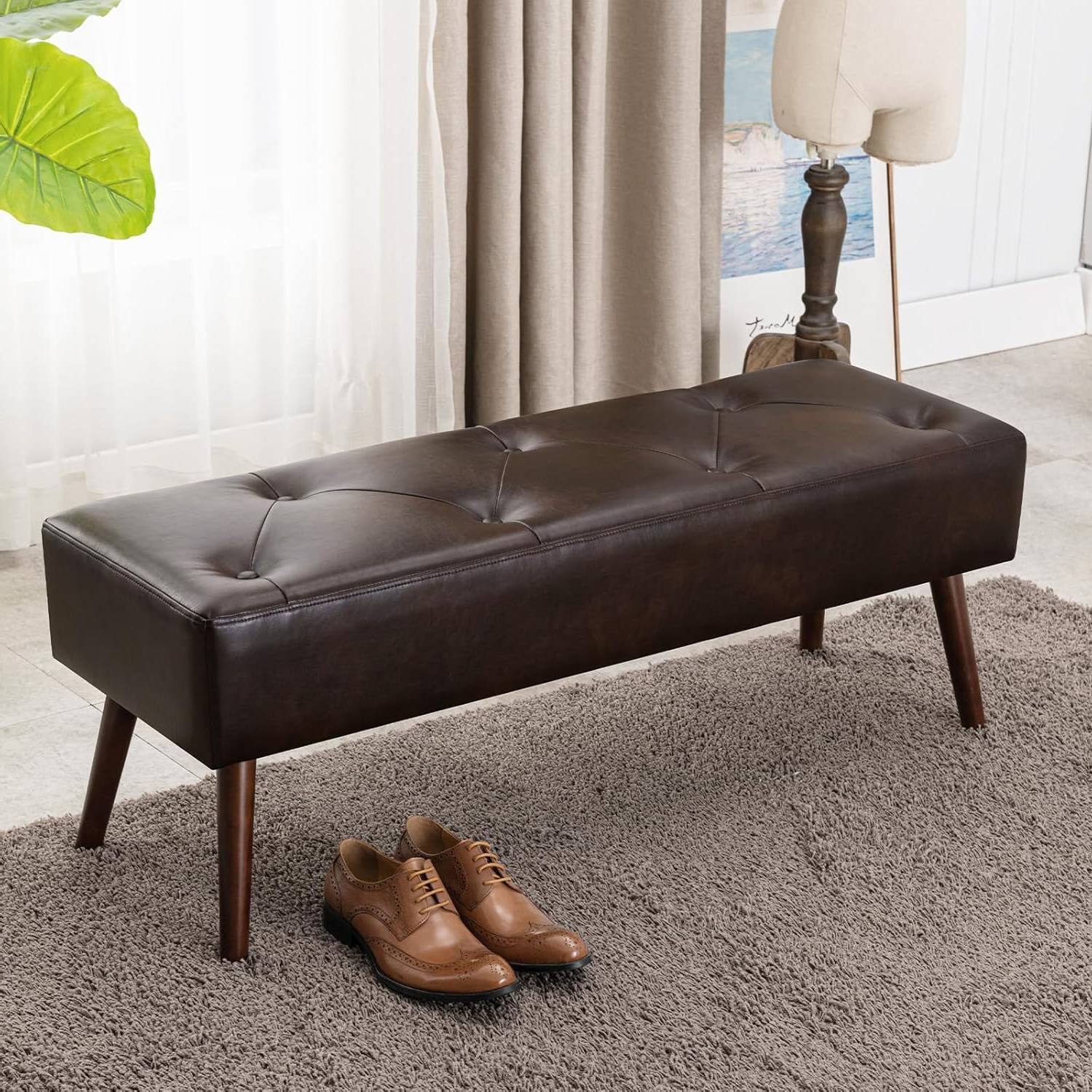 Left. SlickBlue - Bed Bench with Leather Upholstery – Mid-Century Solid Wood Legs Design - Dark Brown.