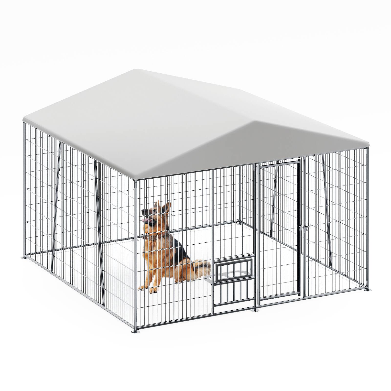 Angle. Runesay - 10 x 10 FT Heavy-duty Outdoor Dog Kennel with Feeding Bowl Waterproof roof Wire Mesh Fence with Secure Lock..