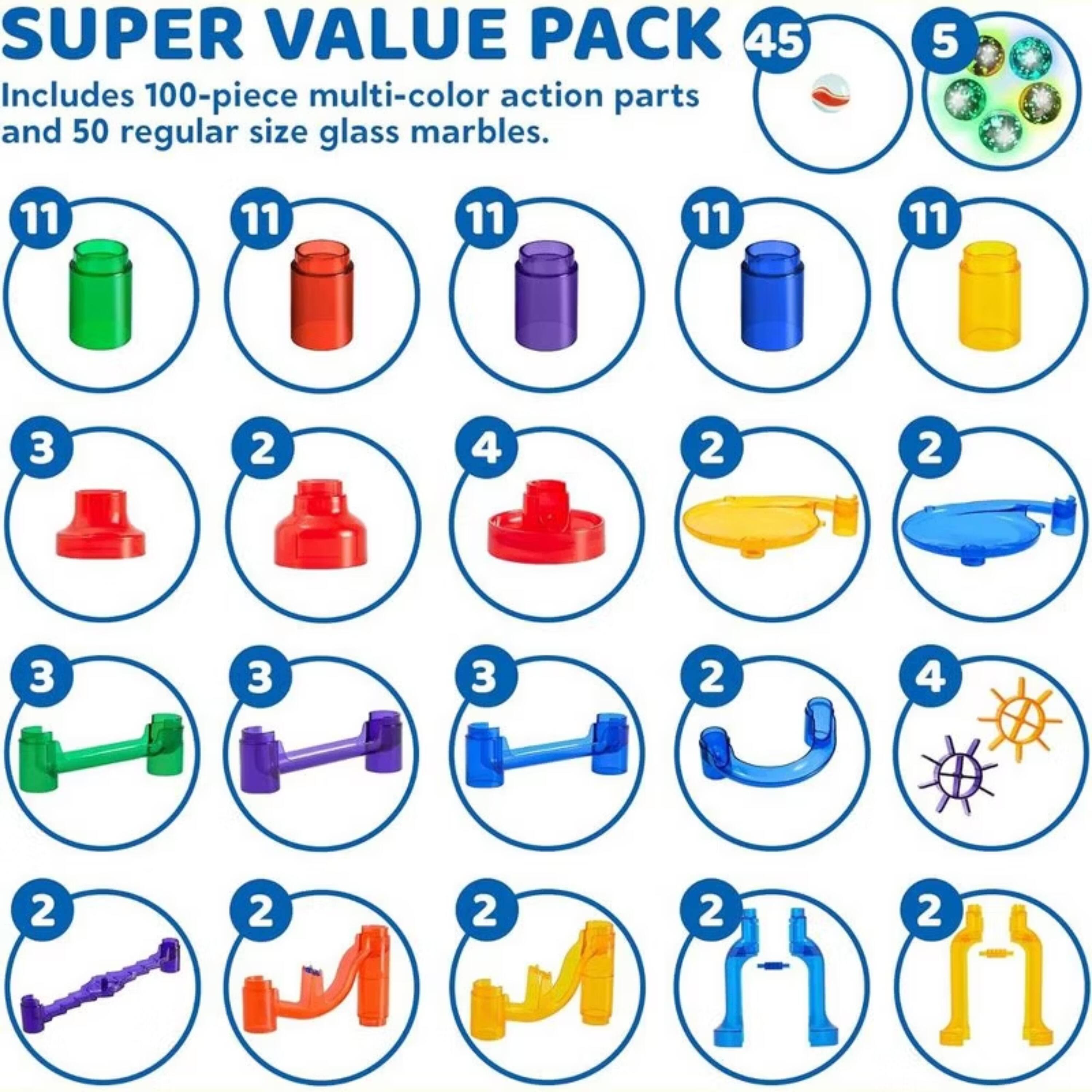 SUPER VALUE PACK 45  
Includes 100-piece multi-color action parts and 50 regular size glass marbles.  

5  
11 11 11 11 11 11  
3 2 4 2 2 3 3 3 2 4 2 2 2 2 2
