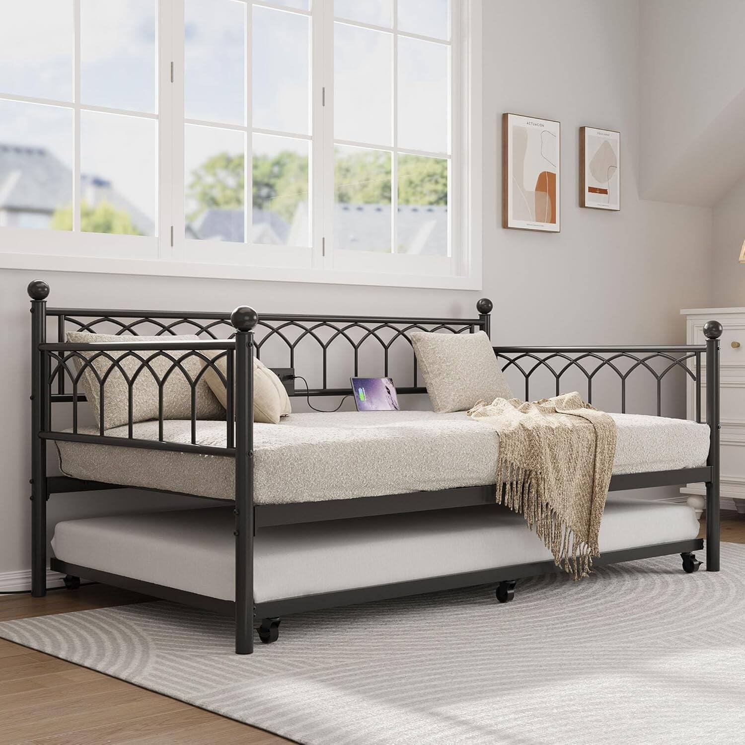 Front. GARVEE - Twin Metal Daybed with Trundle, Sofa Bed Frame, Charging Station, LED Lights - Black - Black Twin.