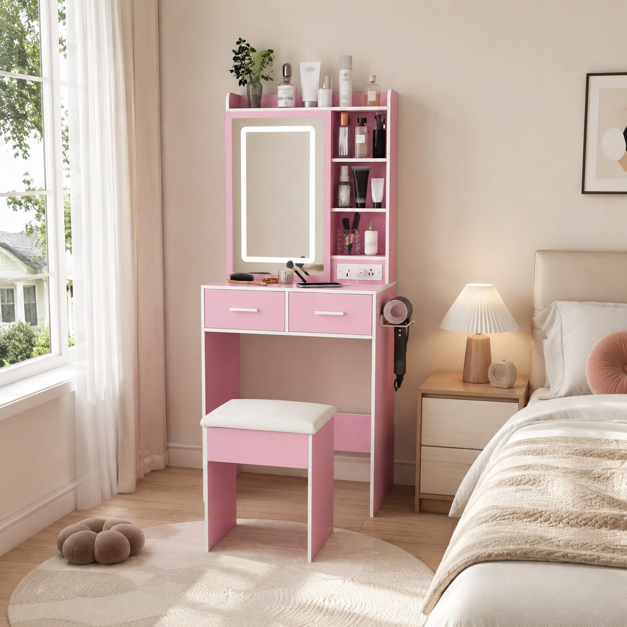 Back. RYHNUYNE - Small Makeup Vanity Desk, Pink, LED Mirror, Power Outlet, Hidden Storage, Padded Stool, Shelf, Space-Saving - Pink.