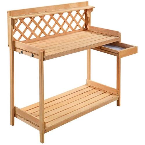 Front. SlickBlue - Garden Potting Bench Solid Wood Work Table with Open Shelf Storage - Natural Wood.