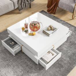 GOODSILO - Modern High Gloss Square Coffee Table with Four Drawers and Wood Grain Legs for Living Room - White